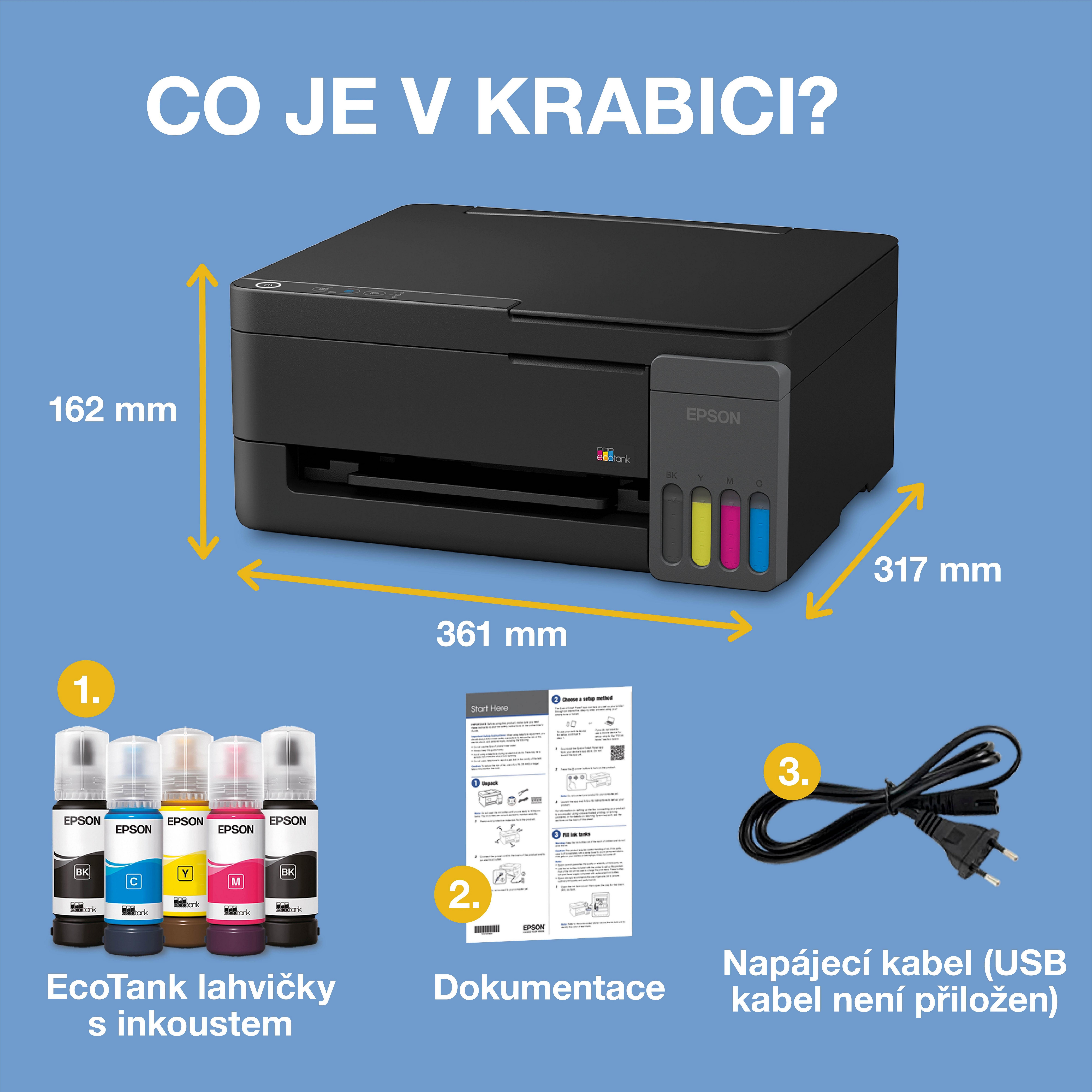 Tiskárna EcoTank L3310 A4 s inkoustovými nádržkami a inkoustem až na 3 roky whats in the box