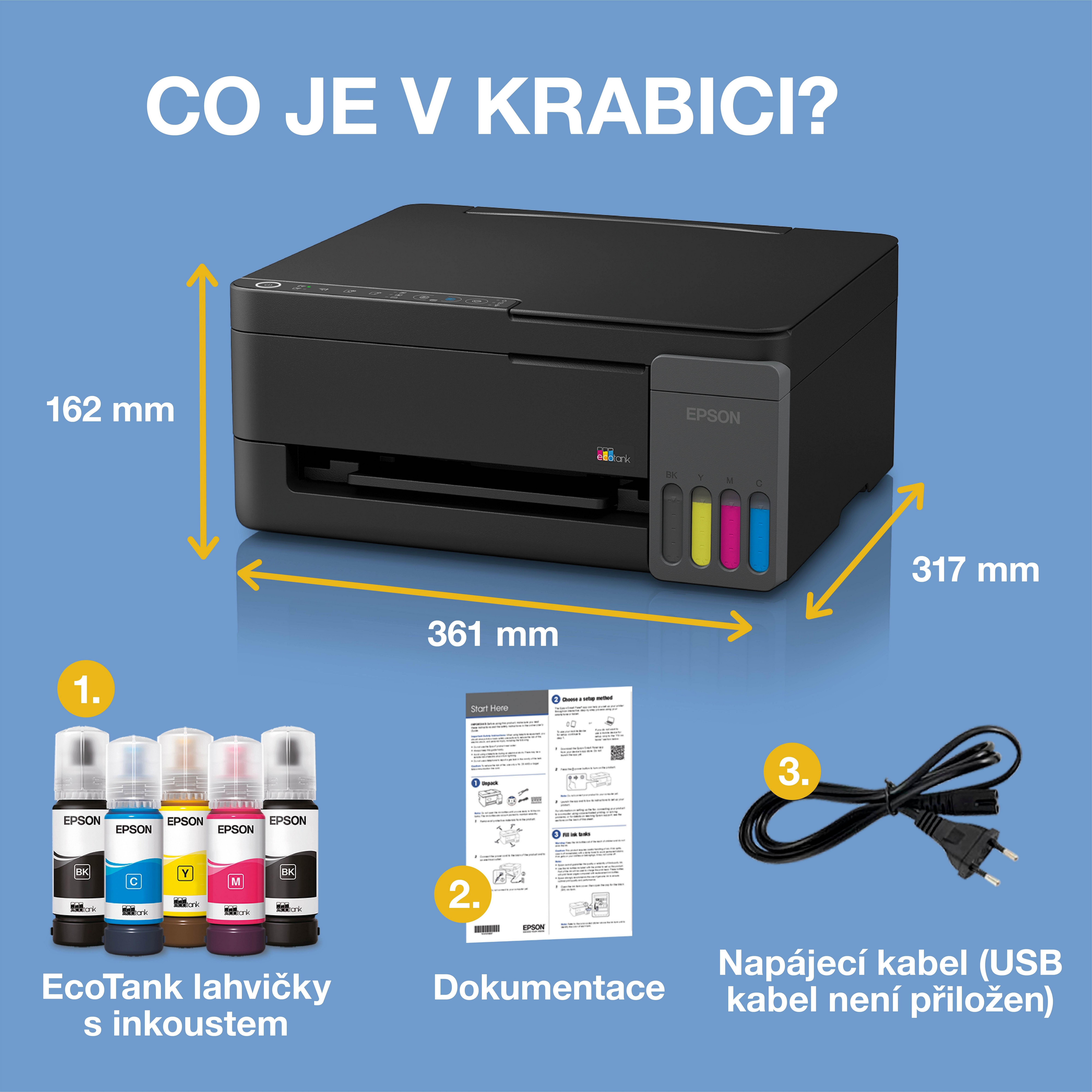 Multifunkční tiskárna EcoTank L3350 formátu A4, Wi-Fi a AirPrint, s inkoustovými nádržkami a inkoustem až na 3 roky whats in the box