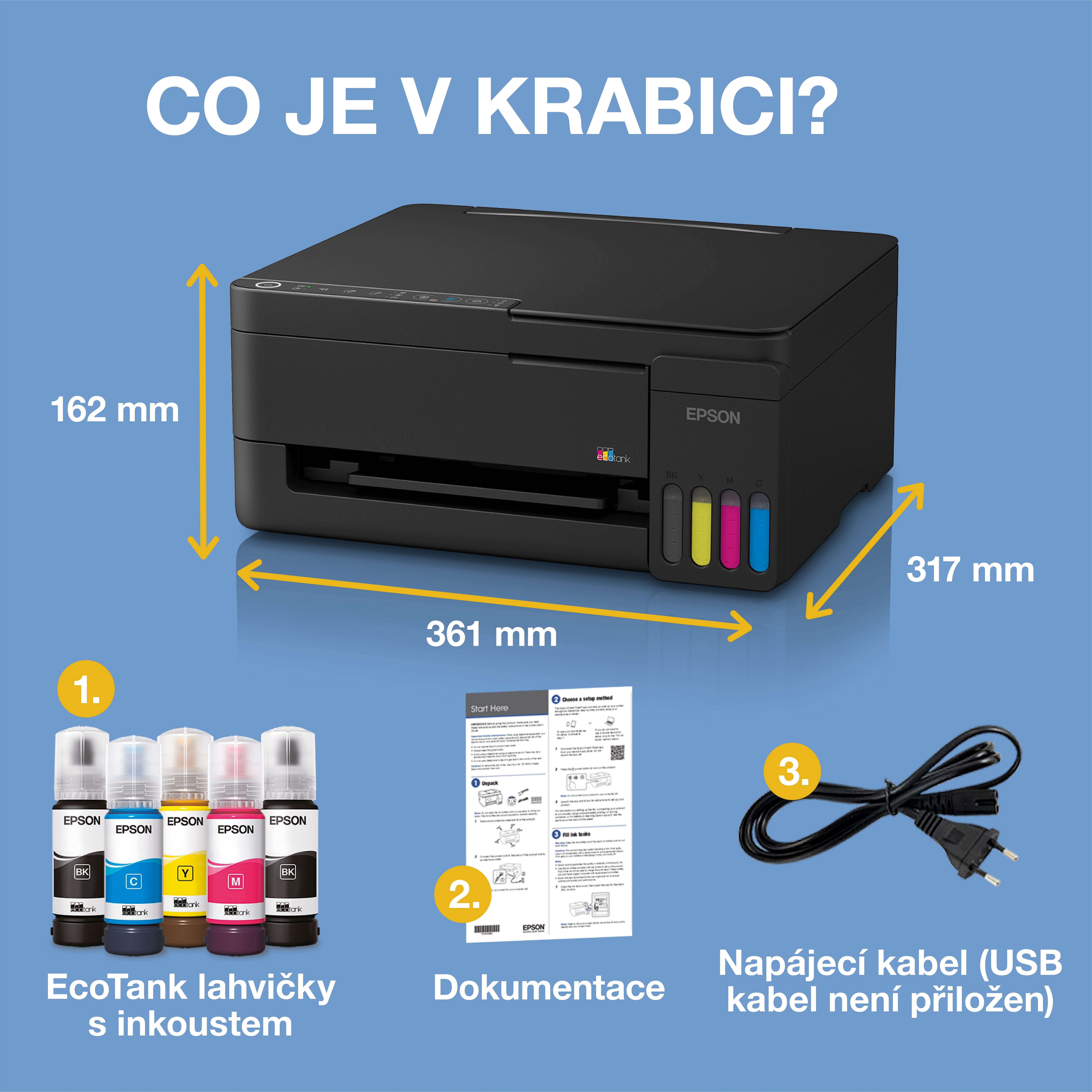 Multifunkční tiskárna EcoTank L3352 formátu A4, Wi-Fi a AirPrint, s inkoustovými nádržkami a inkoustem až na 3 roky whats in the box