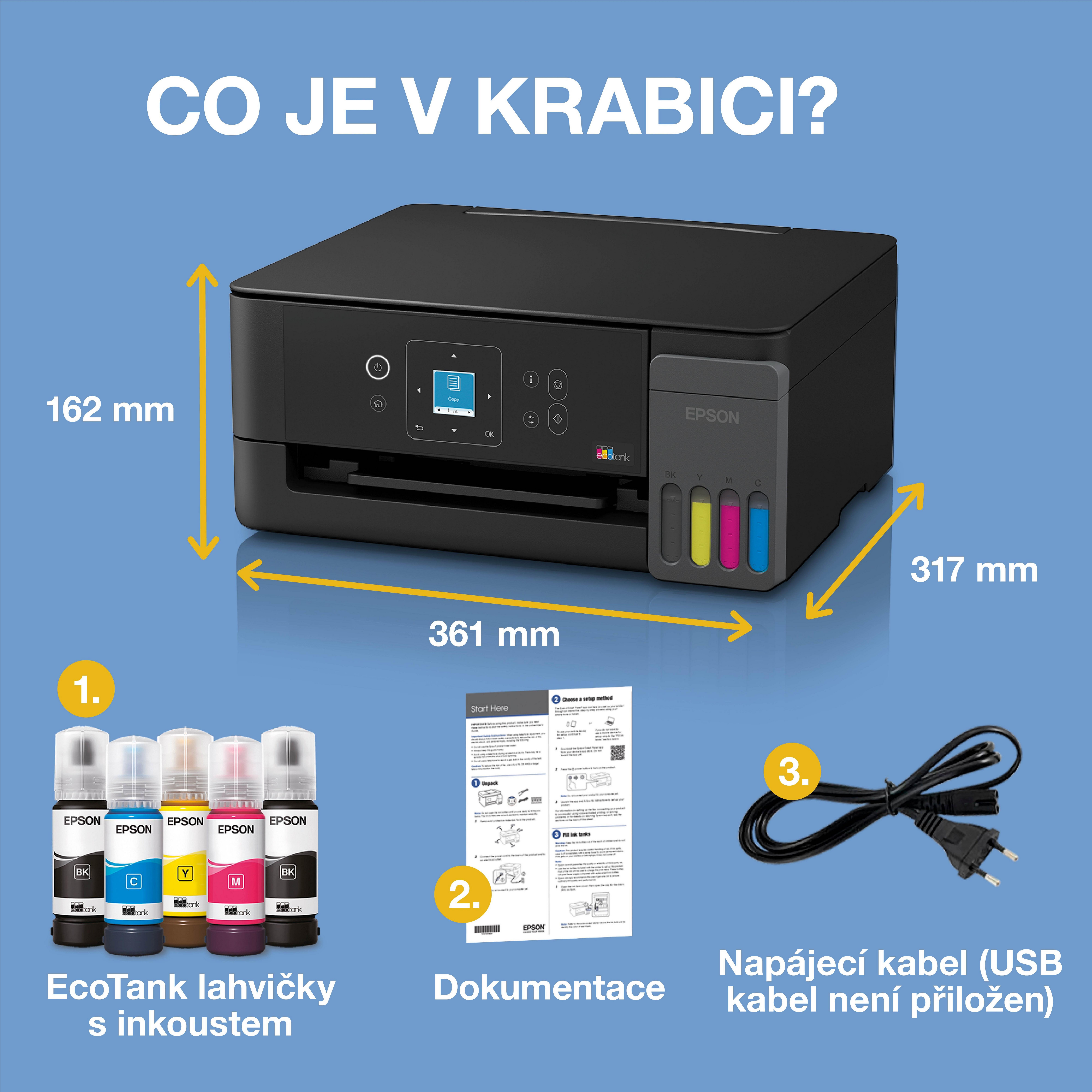 Multifunkční tiskárna EcoTank L3360 A4 s inkoustovými nádržkami, Wi-Fi a AirPrint, LCD displejem a s inkoustem až na 3 roky whats in the box