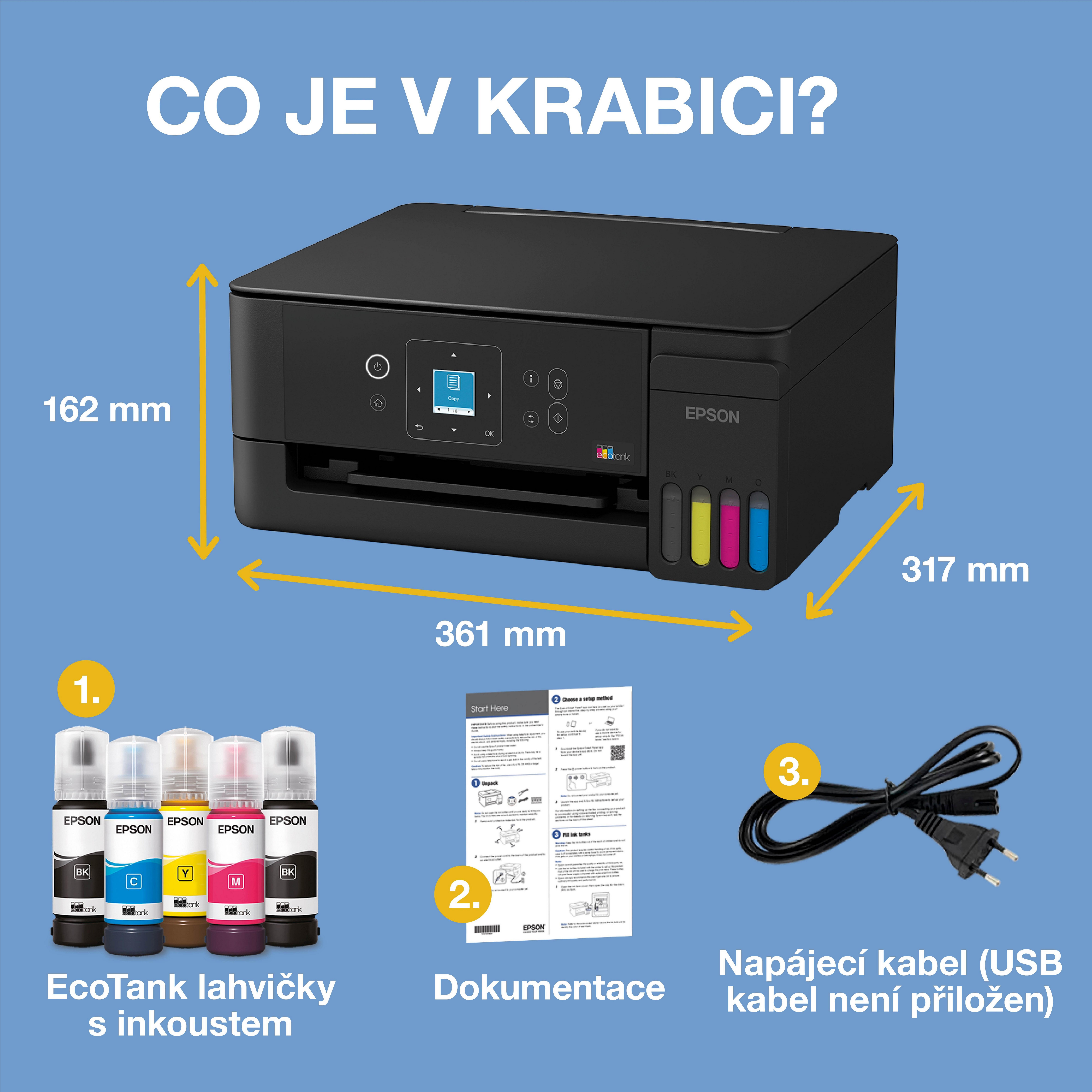 Multifunkční tiskárna EcoTank L3360 A4 s inkoustovými nádržkami, Wi-Fi a AirPrint, LCD displejem a s inkoustem až na 3 roky whats in the box