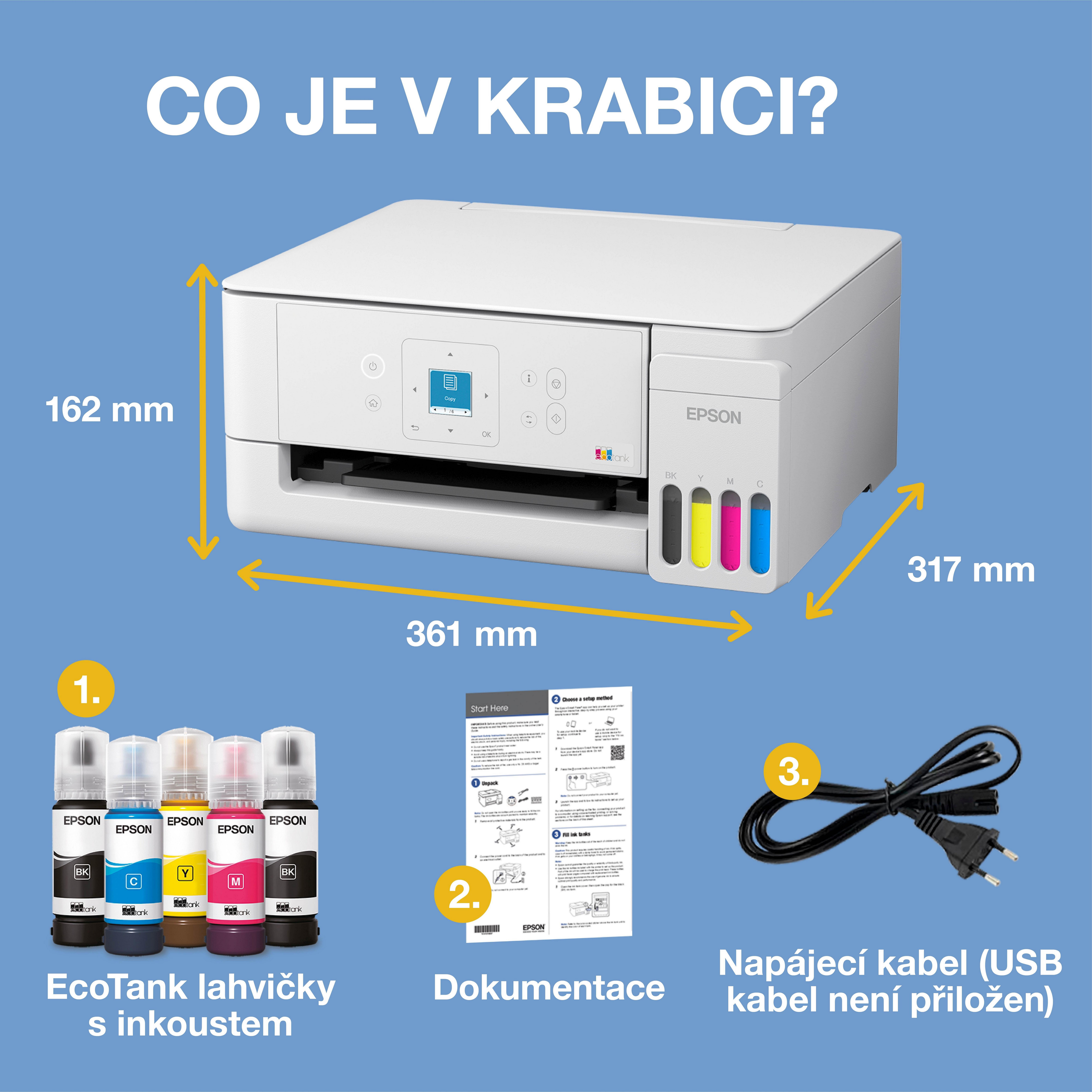 Multifunkční tiskárna EcoTank L3366 A4 s inkoustovými nádržkami, Wi-Fi a AirPrint, LCD displejem a s inkoustem až na 3 roky whats in the box