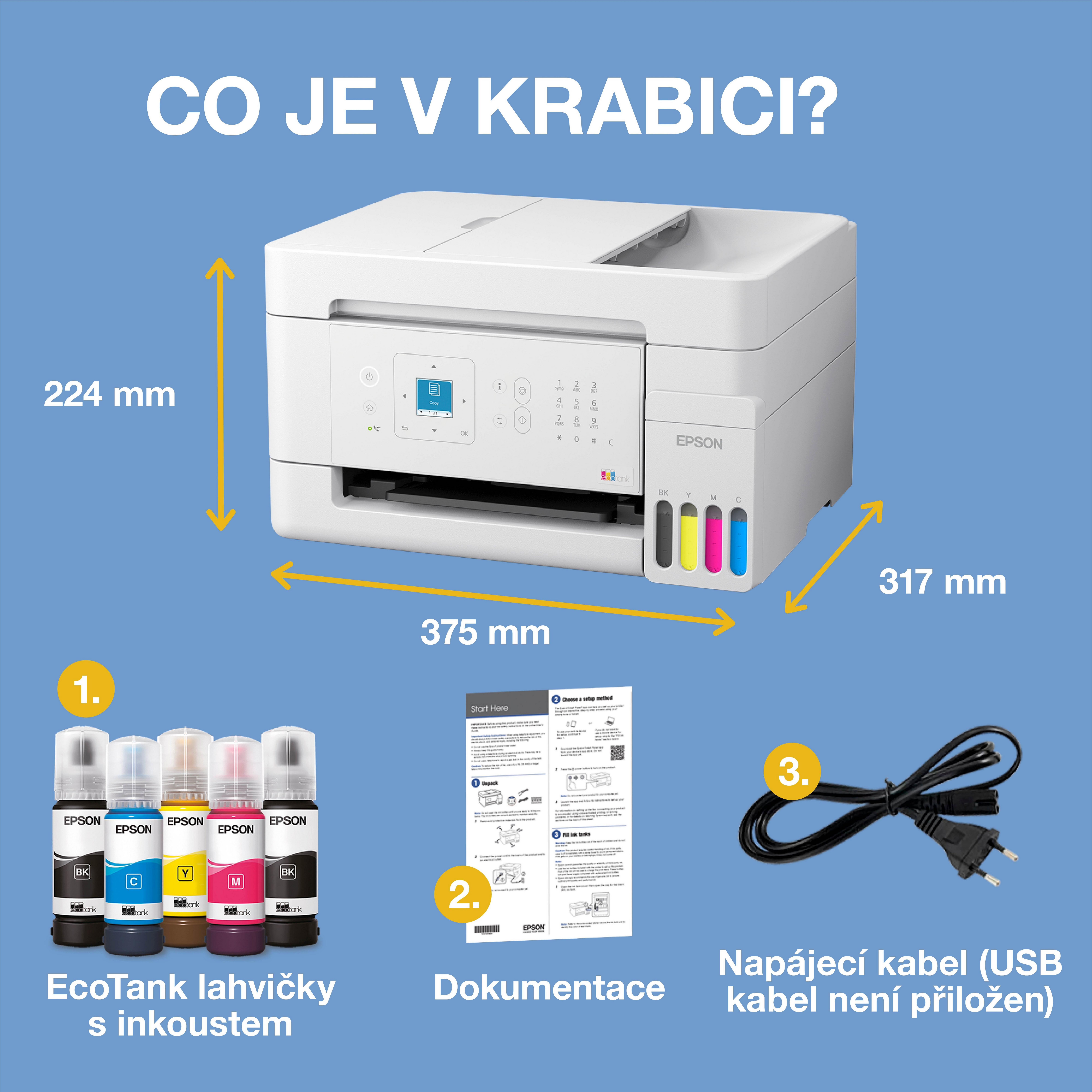Multifunkční tiskárna EcoTank L5396 A4 s inkoustovými nádržkami, Wi-Fi a AirPrint, LCD displejem, automatickým podavačem dokumentů a inkoustem až na 3 roky whats in the box