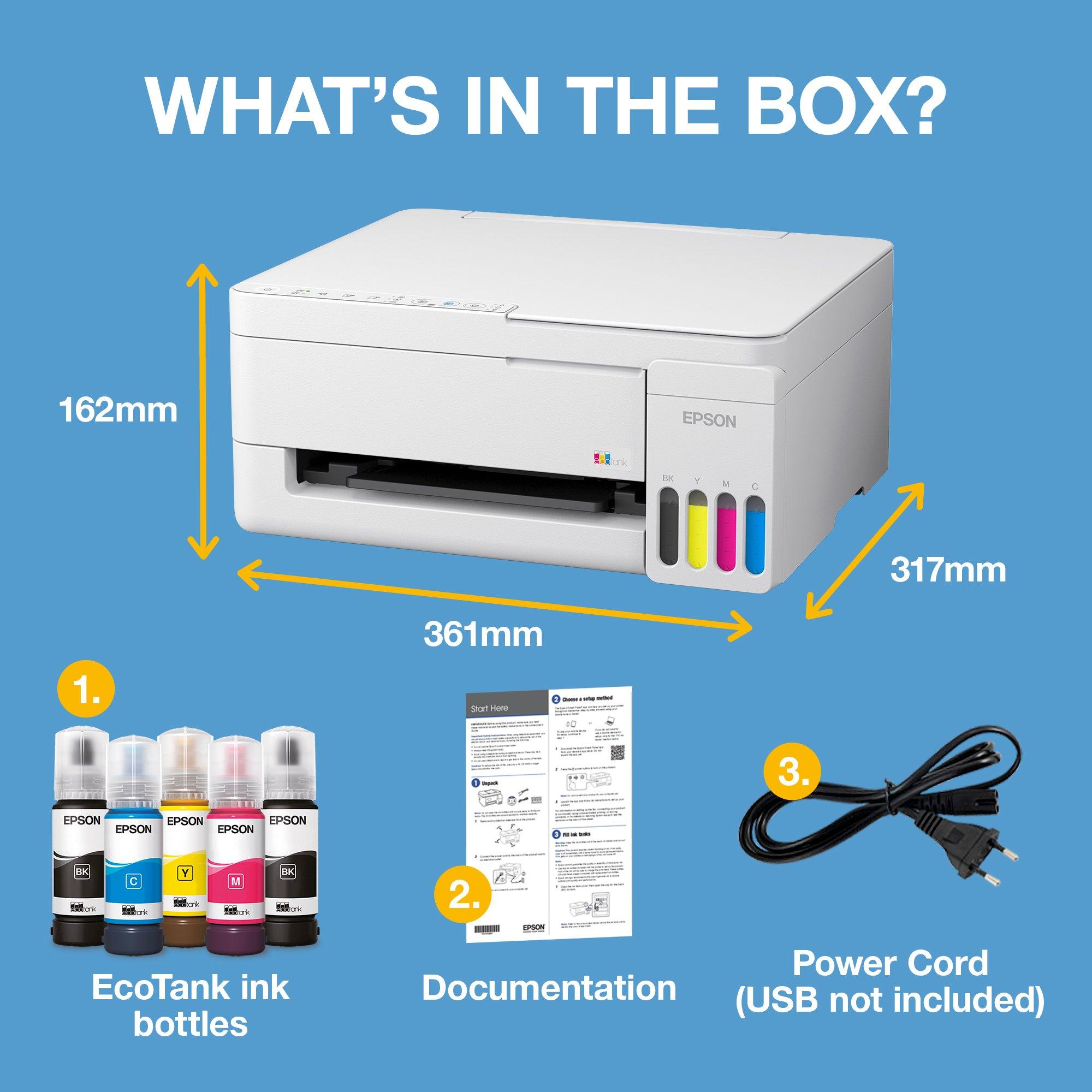 EcoTank L3356 A4 Multifunction Wi-Fi &amp; AirPrint Ink Tank Printer With Up To 3 Years Of Ink Included whats in the box
