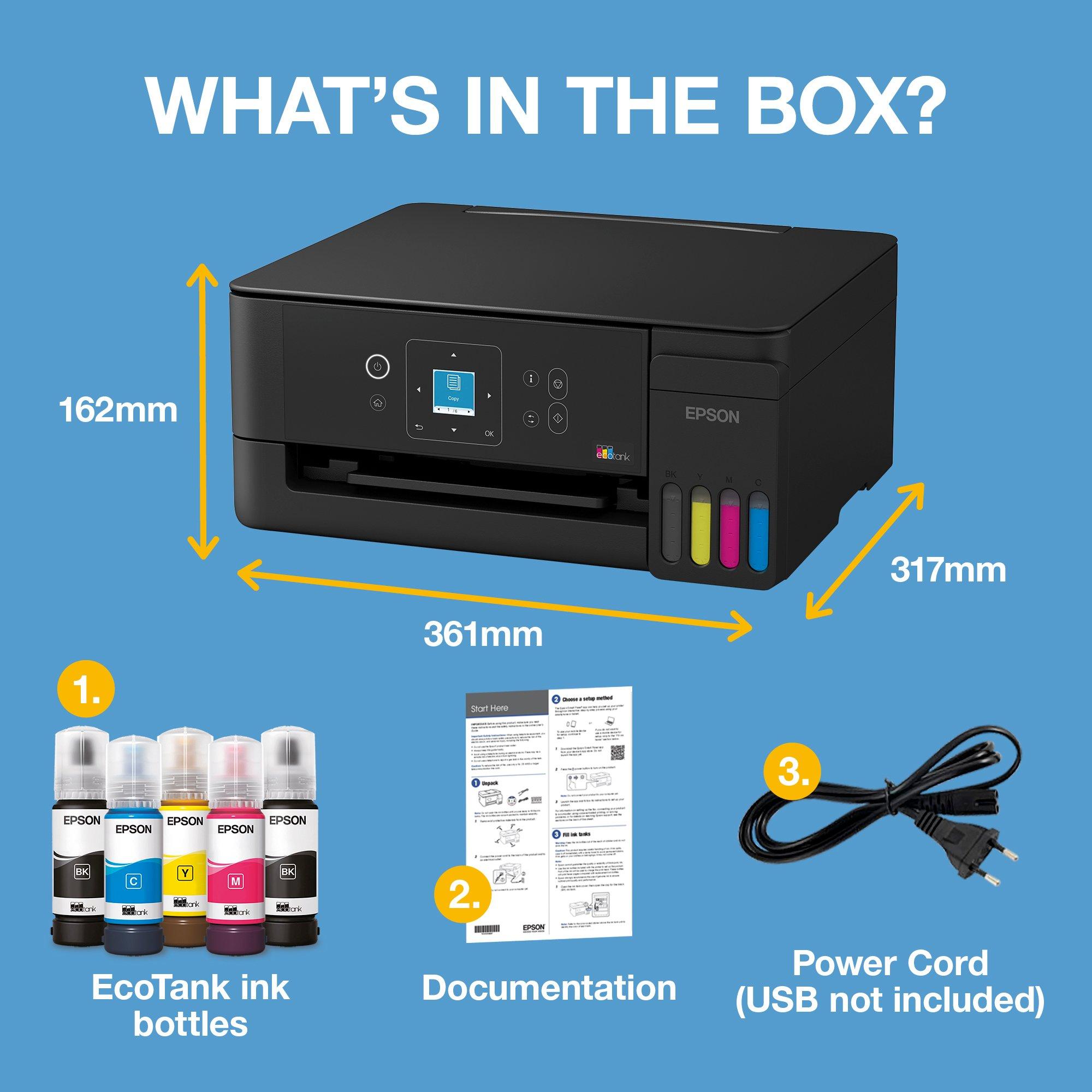 EcoTank L3362 A4 Multifunction Wi-Fi &amp; AirPrint Ink Tank Printer With LCD Screen And Up To 3 Years Of Ink Included whats in the box