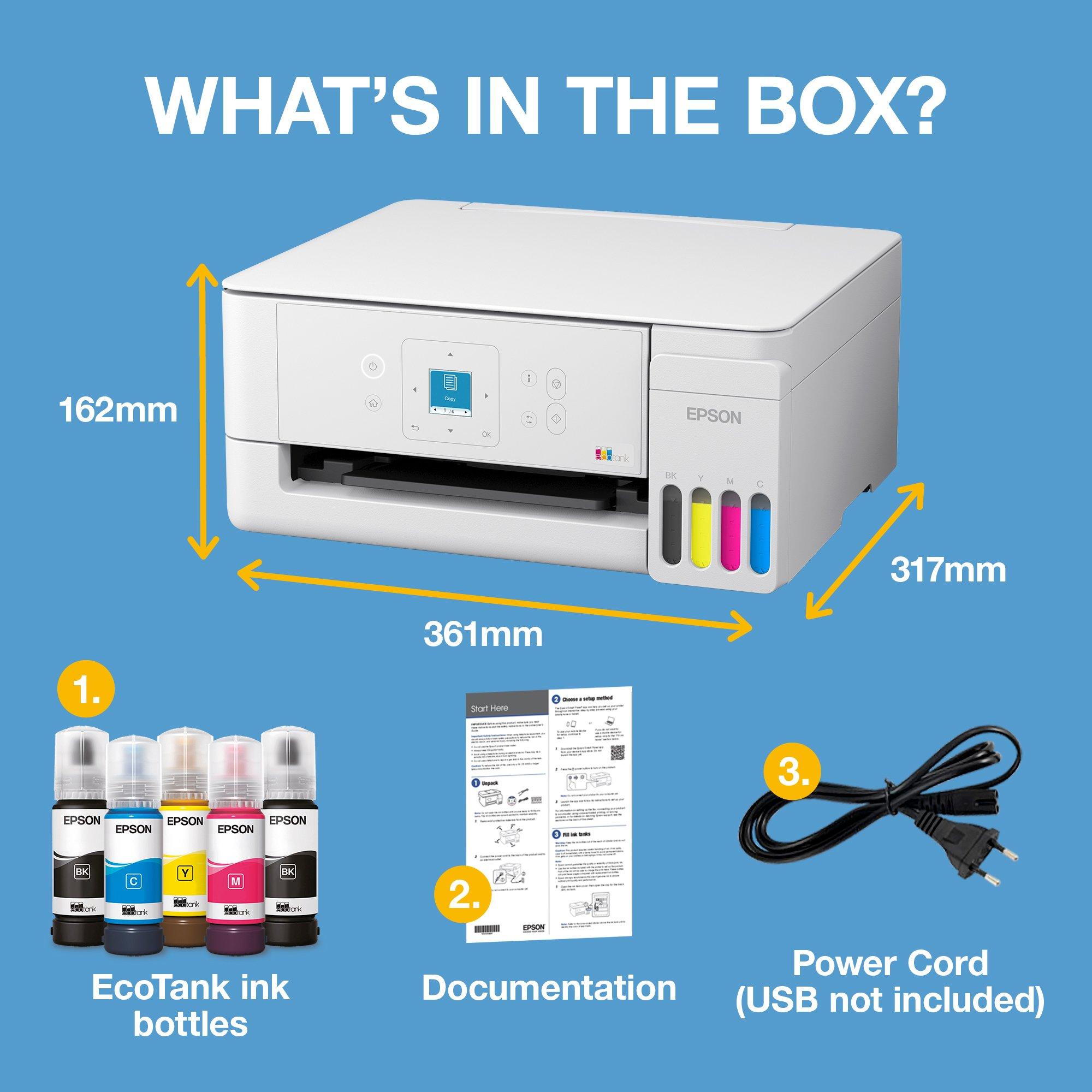 Multifunkcionalni štampač EcoTank L3366 formata A4 sa rezervoarom za mastilo, Wi-Fi vezom, tehnologijom AirPrint, LCD ekranom i mastilom za do 3 godine rada whats in the box