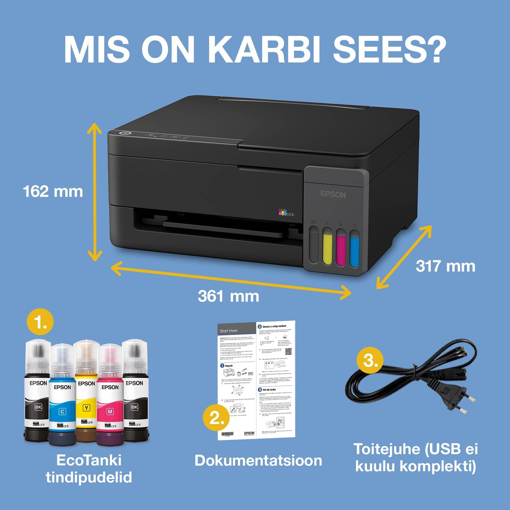 EcoTank L3310 mitmeotstarbeline tindimahutiga A4 printer ja kaasas kuni 3 aasta tindivaru whats in the box