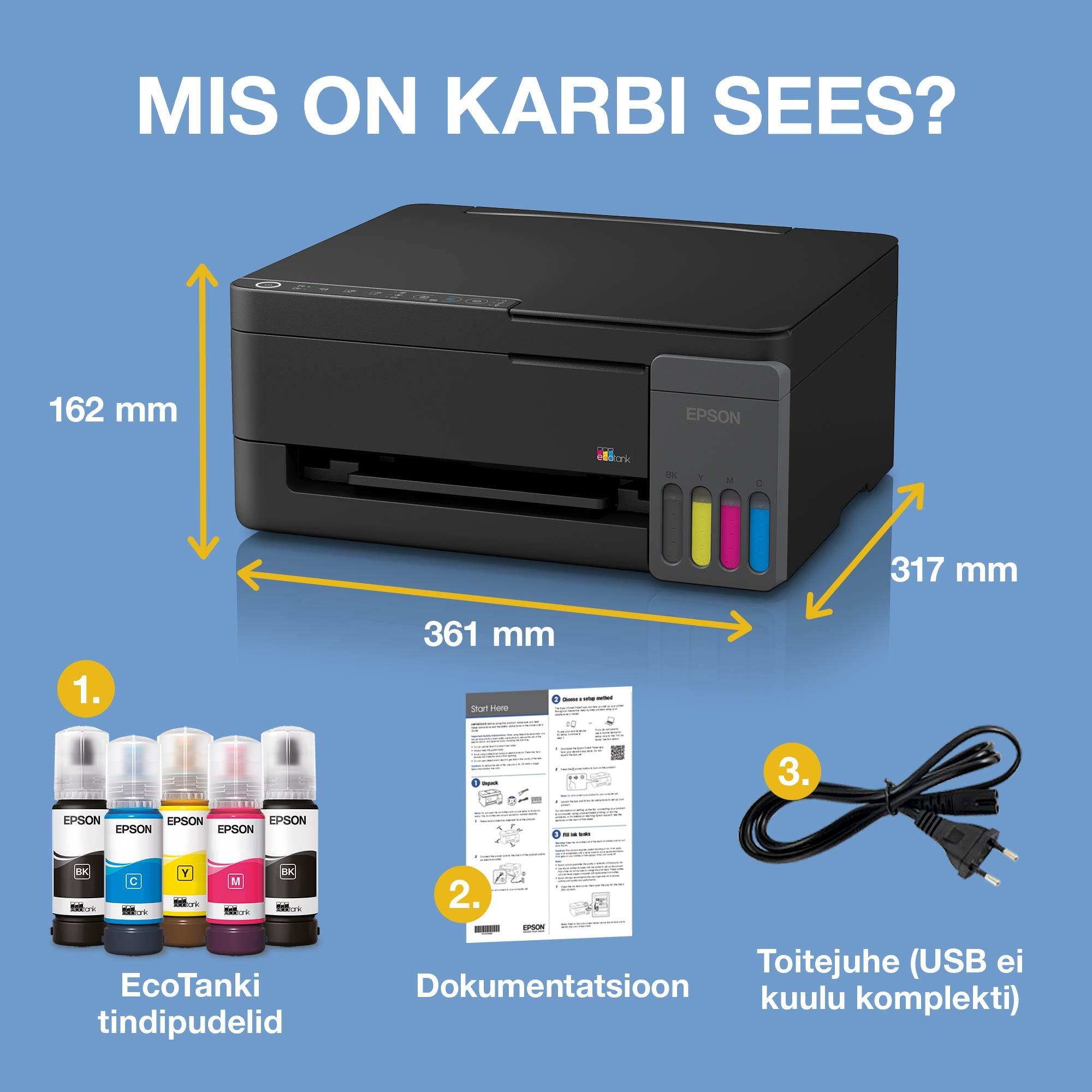 EcoTank L3350 Wi-Fi ja AirPrinti tindimahutiga mitmeotstarbeline A4 printer ja kaasas kuni 3 aasta tindivaru whats in the box