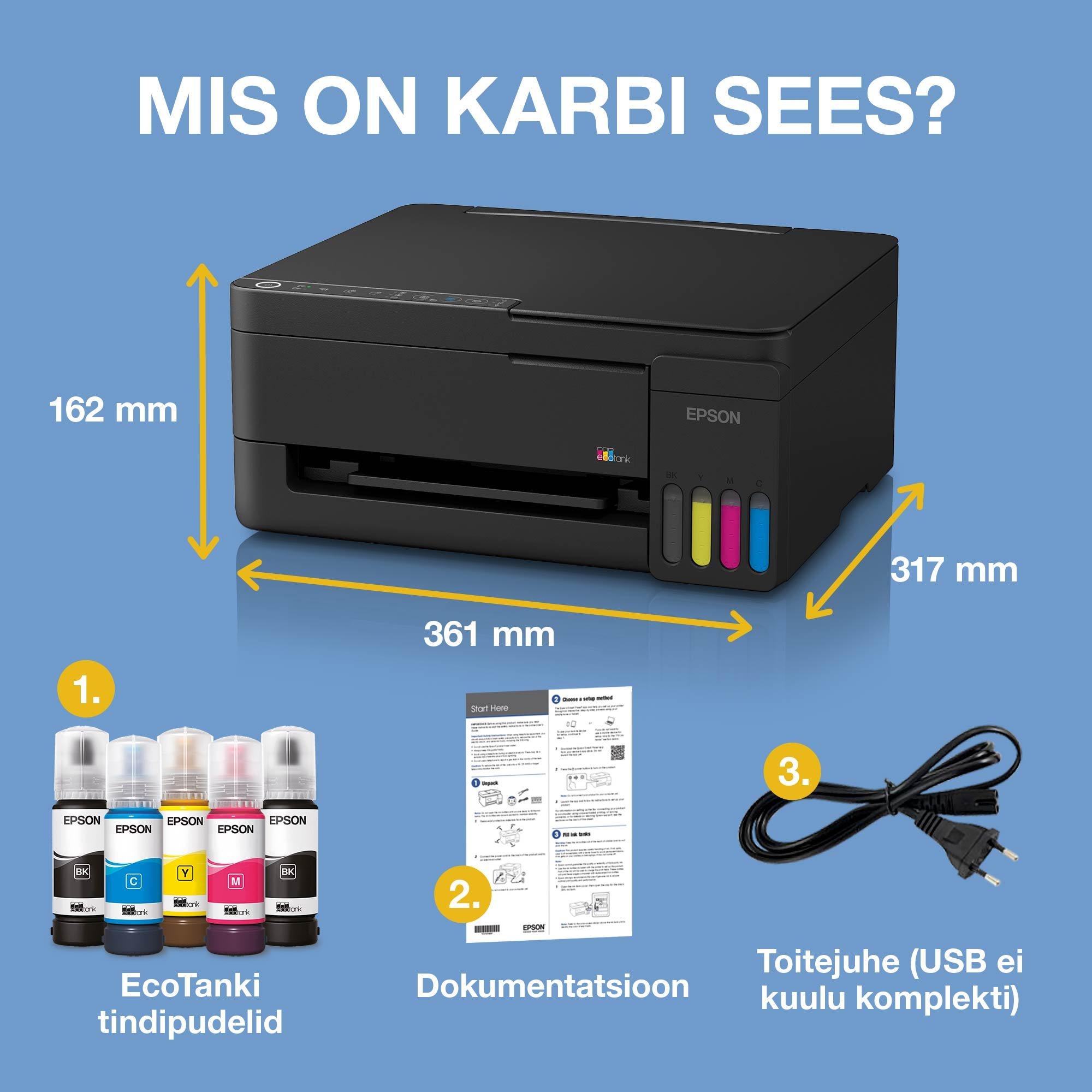 EcoTank L3352 Wi-Fi ja AirPrinti tindimahutiga mitmeotstarbeline A4 printer ja kaasas kuni 3 aasta tindivaru whats in the box