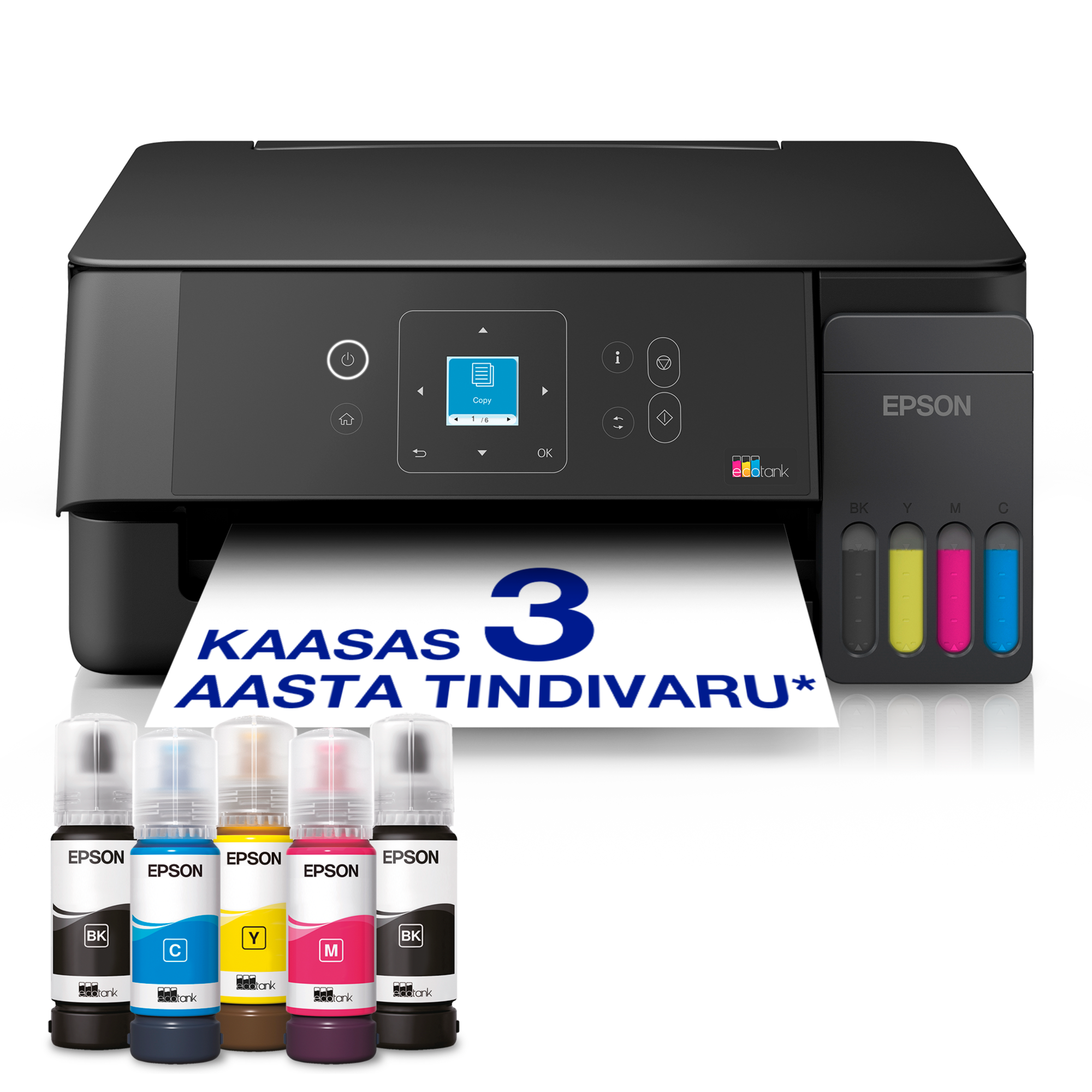 EcoTank L3360 Wi-Fi ja AirPrinti tindimahutiga mitmeotstarbeline A4 printer, millel on LCD-ekraan, ja kaasas kuni 3 aasta tindivaru