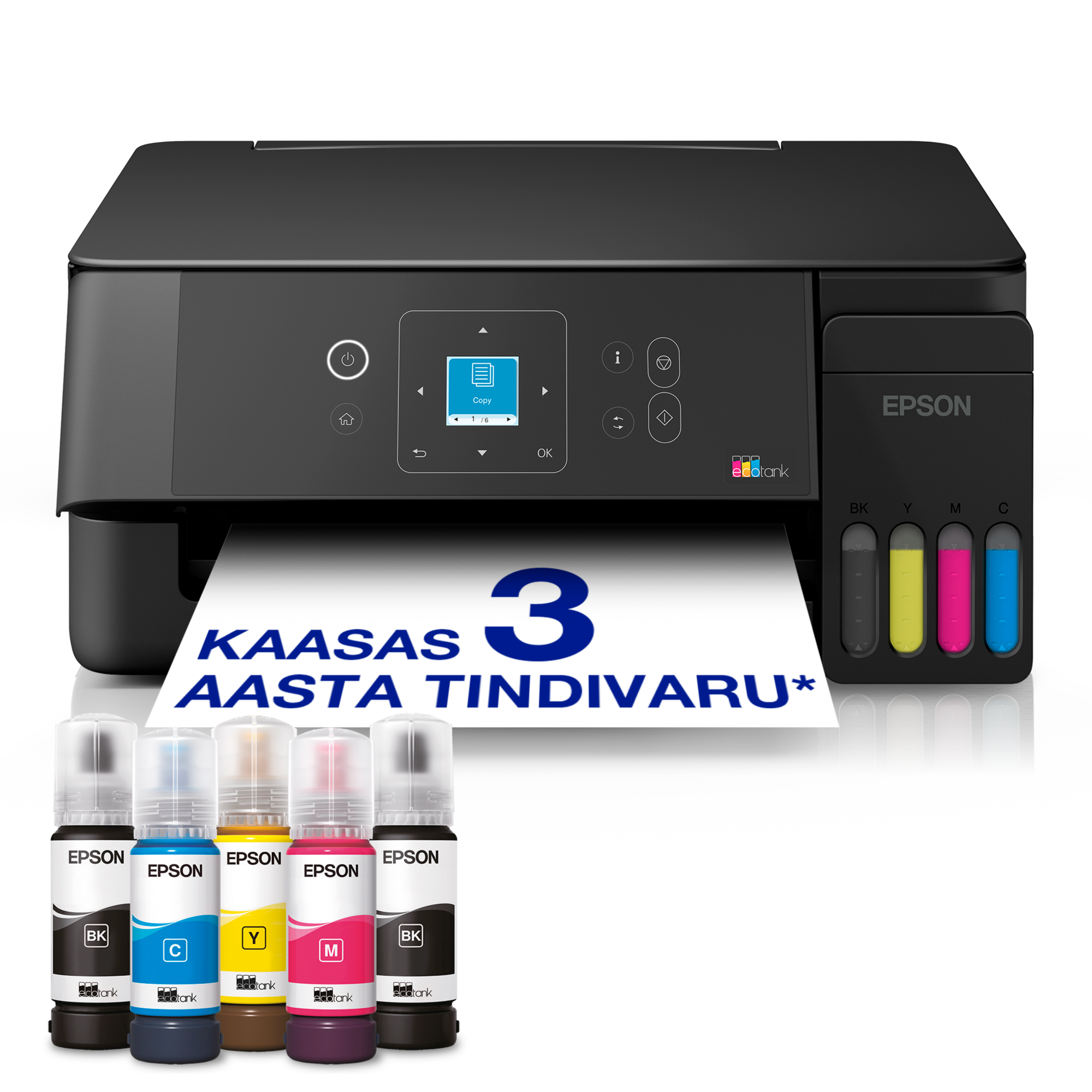 EcoTank L3362 Wi-Fi ja AirPrinti tindimahutiga mitmeotstarbeline A4 printer, millel on LCD-ekraan, ja kaasas kuni 3 aasta tindivaru