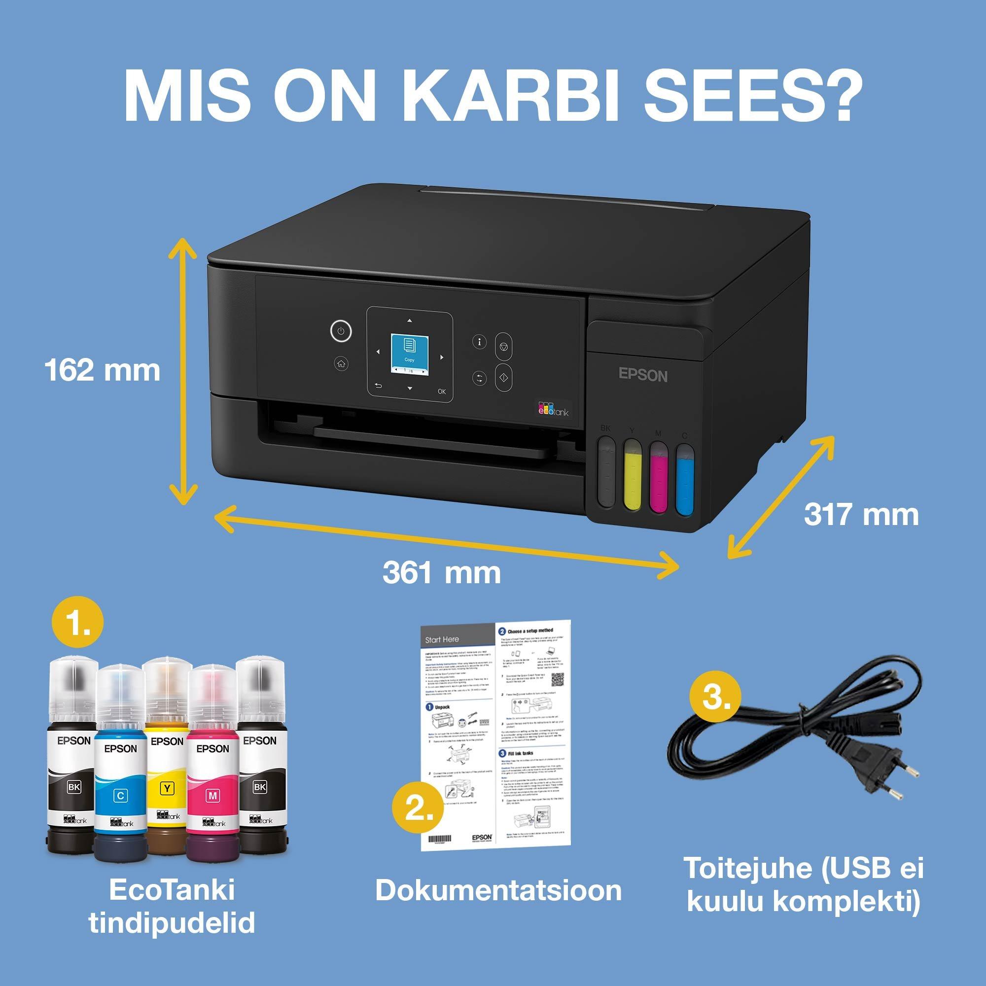 EcoTank L3361 Wi-Fi ja AirPrinti tindimahutiga mitmeotstarbeline A4 printer, millel on LCD-ekraan, ja kaasas kuni 3 aasta tindivaru whats in the box