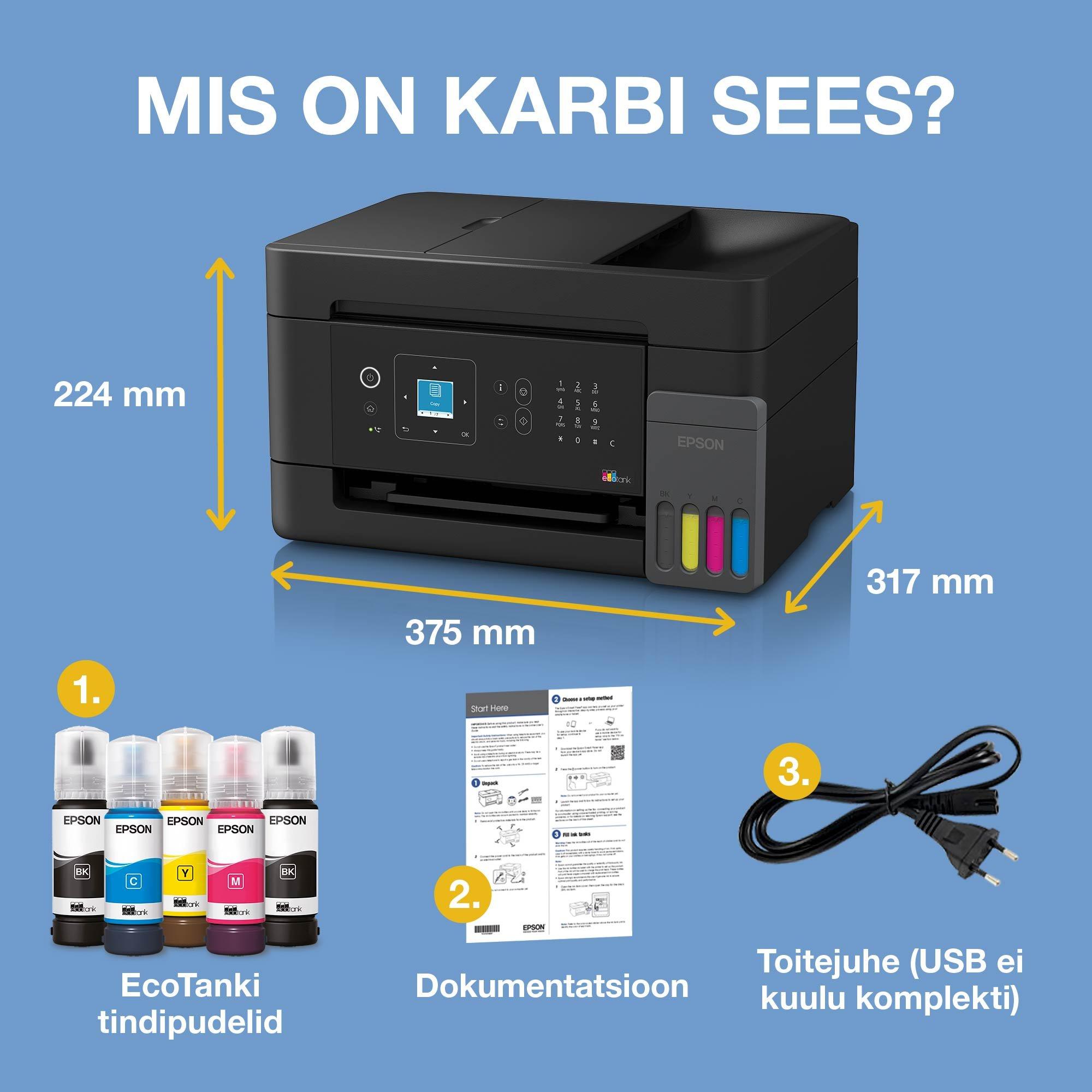 EcoTank L5390 Wi-Fi ja AirPrinti tindimahutiga mitmeotstarbeline A4 printer, millel on LCD-ekraan, ADF ja kaasas kuni 3 aasta tindivaru whats in the box
