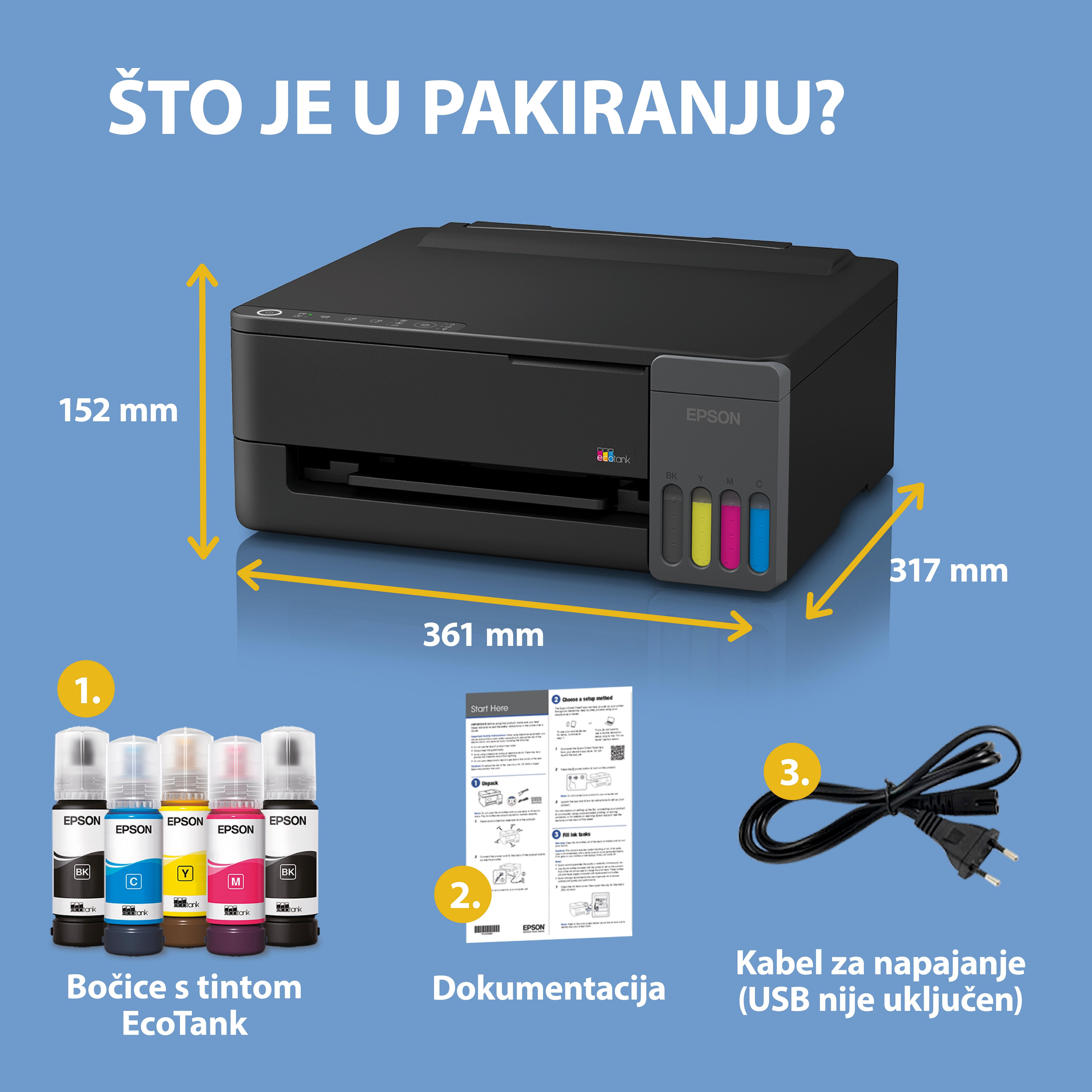 Pisač EcoTank L1350 Wi-Fi &amp; AirPrint za format A4, sa spremnikom za tintu i uključenim zalihama za do tri godine tinte whats in the box