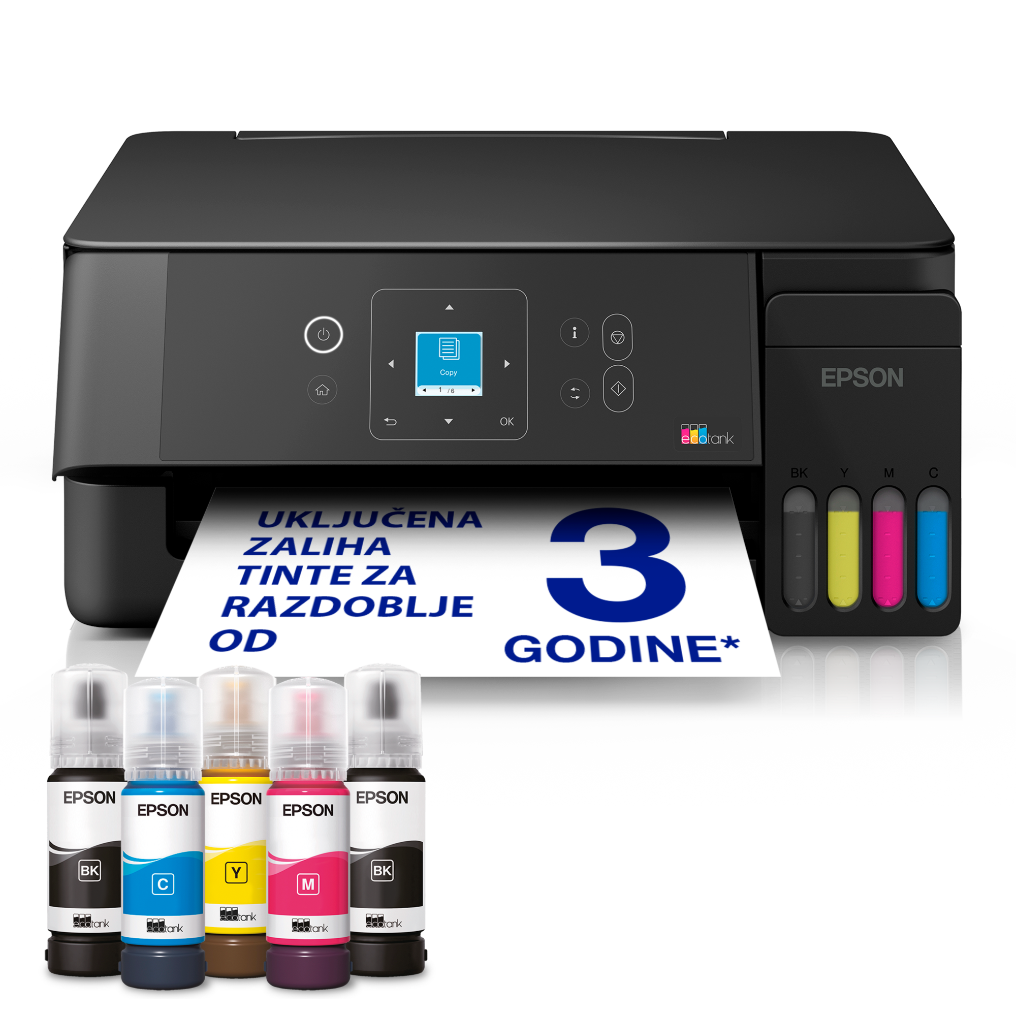 Višenamjenski pisač EcoTank L3362 Wi-Fi & AirPrint za format A4, sa spremnikom za tintu, LCD zaslonom i uključenom zalihom tinte za do tri godine