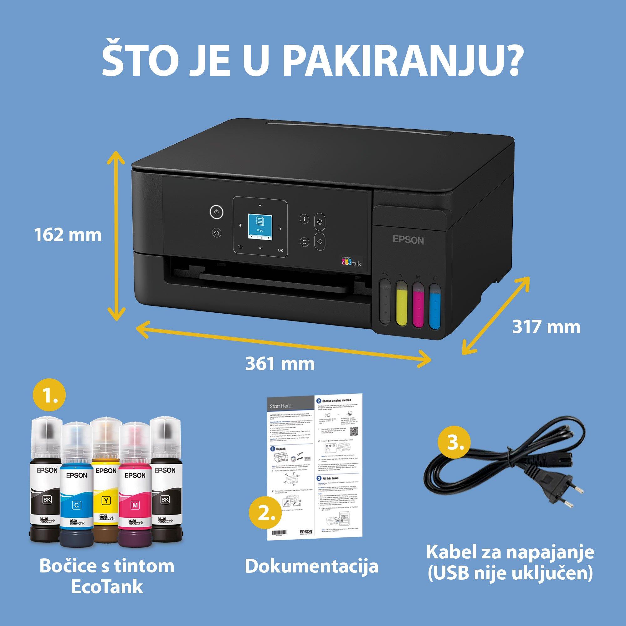 Višenamjenski pisač EcoTank L3360 Wi-Fi &amp; AirPrint za format A4, sa spremnikom za tintu, LCD zaslonom i uključenom zalihom tinte za do tri godine whats in the box
