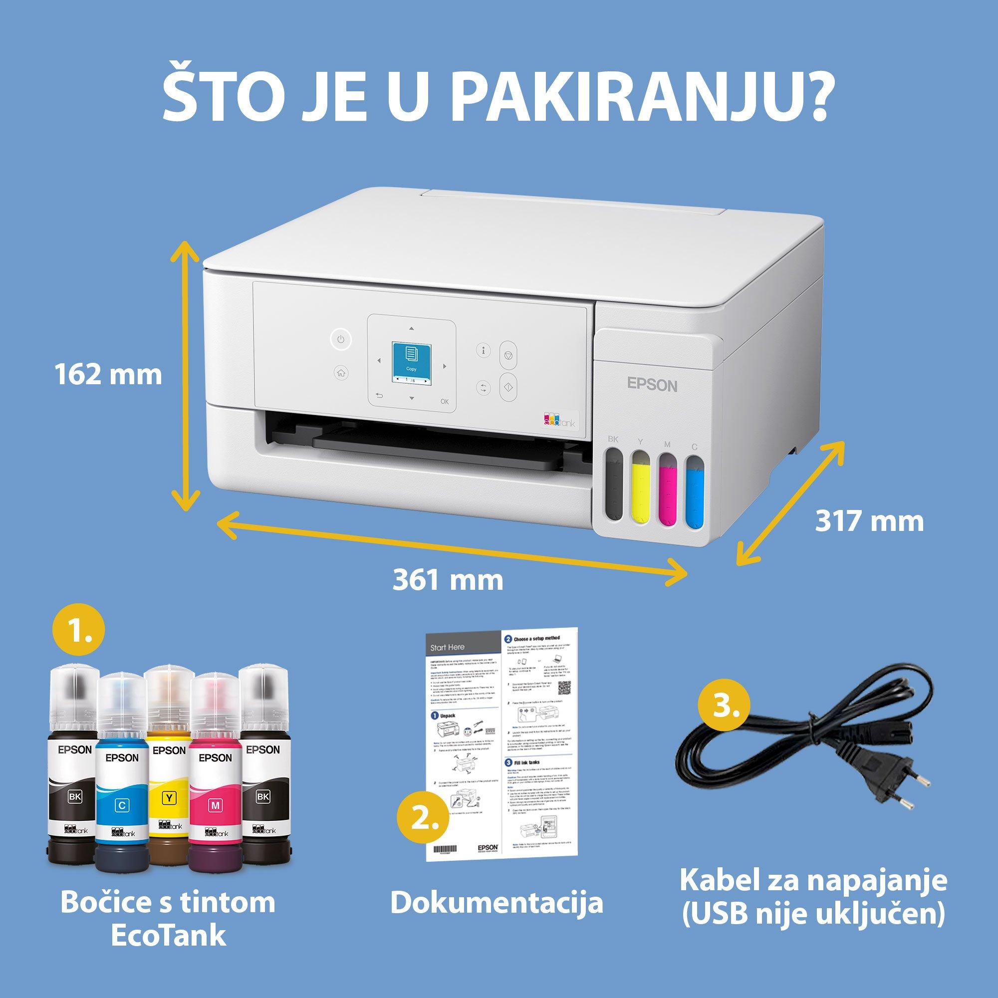 Višenamjenski pisač EcoTank L3366 Wi-Fi &amp; AirPrint za format A4, sa spremnikom za tintu, LCD zaslonom i uključenom zalihom tinte za do tri godine whats in the box