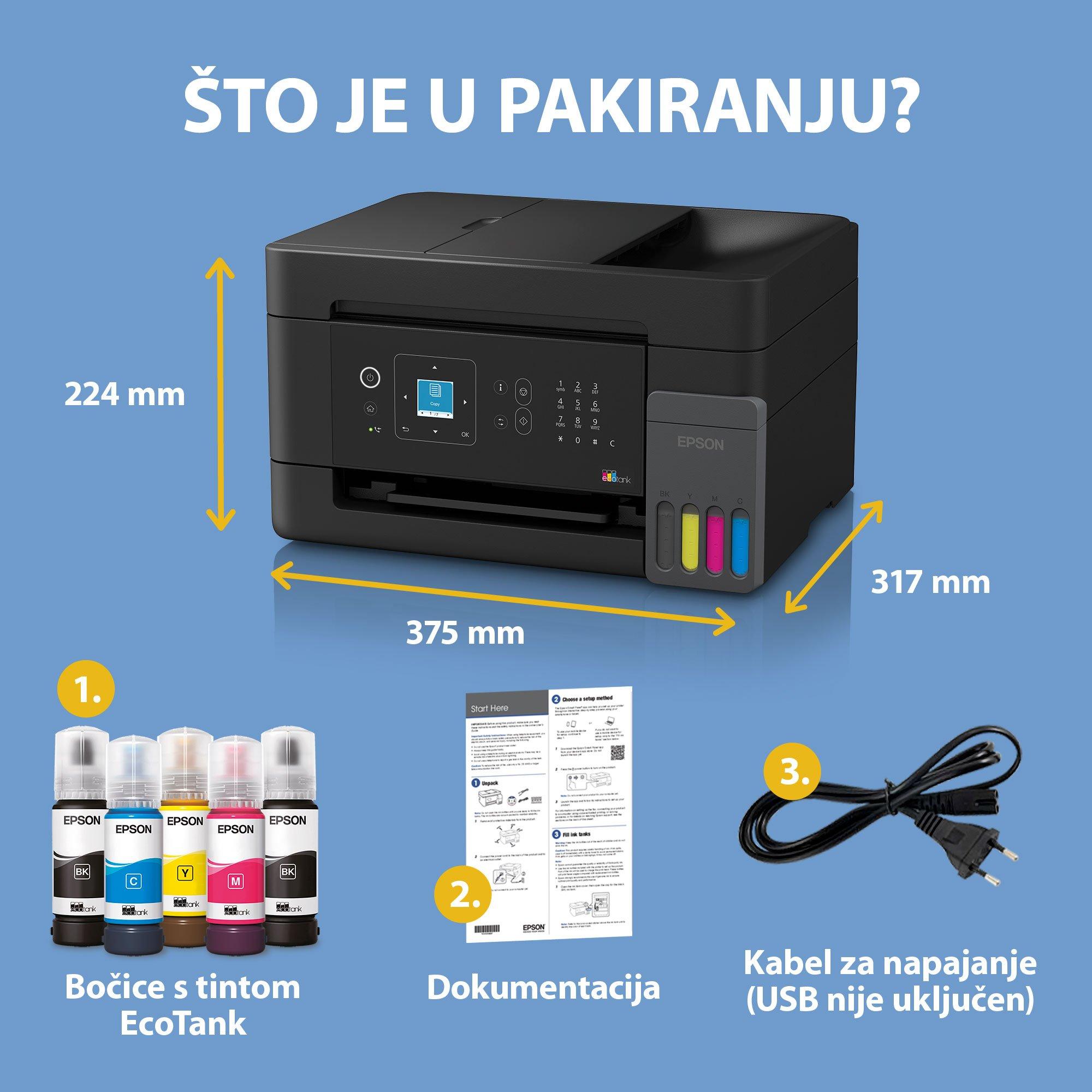 Višenamjenski pisač EcoTank L5390 Wi-Fi &amp; AirPrint za format A4, sa spremnikom za tintu, LCD zaslonom, automatskim posluživanjem listova i uključenom zalihom tinte za do tri godine whats in the box