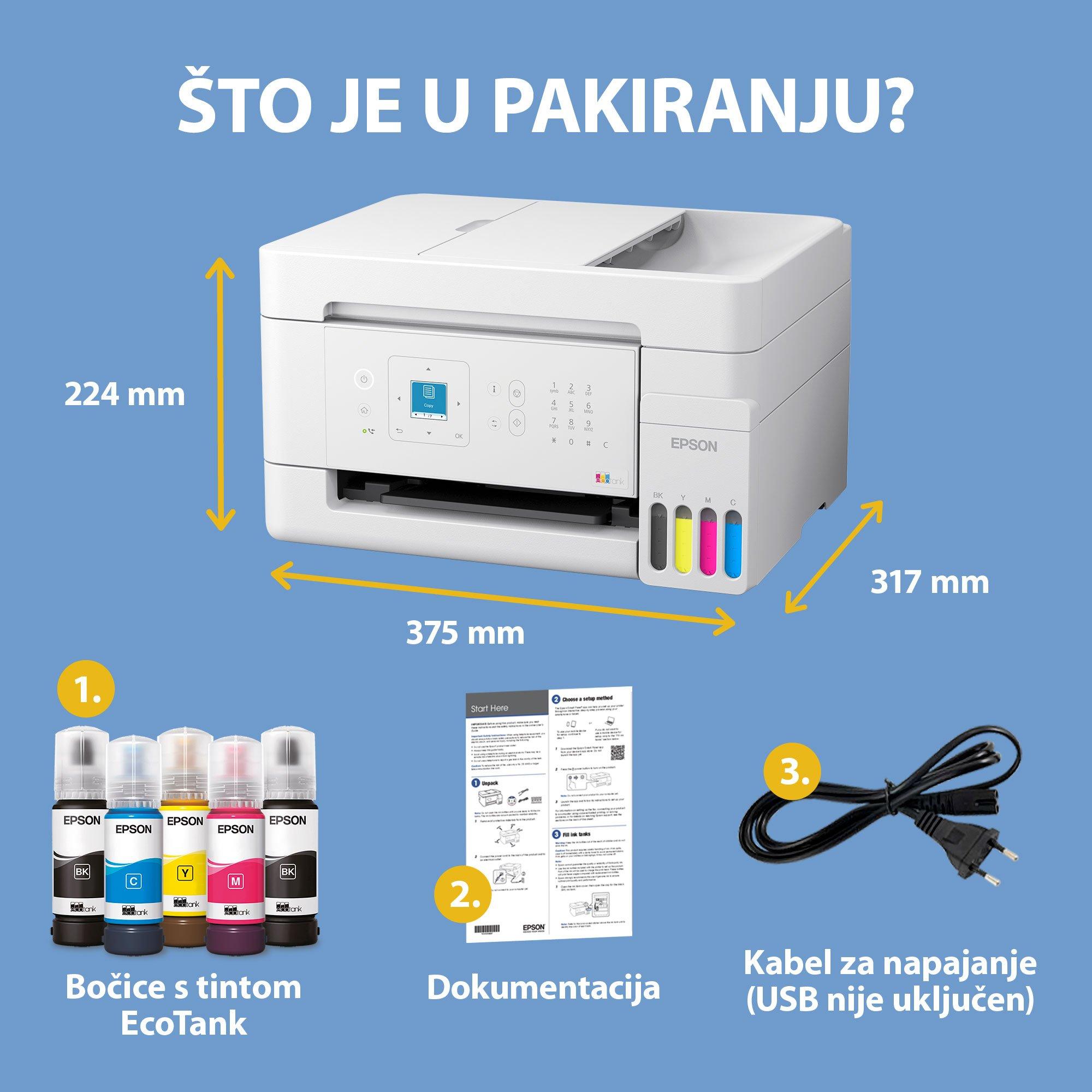 Višenamjenski pisač EcoTank L5396 Wi-Fi &amp; AirPrint za format A4, sa spremnikom za tintu, LCD zaslonom, automatskim posluživanjem listova i uključenom zalihom tinte za do tri godine whats in the box