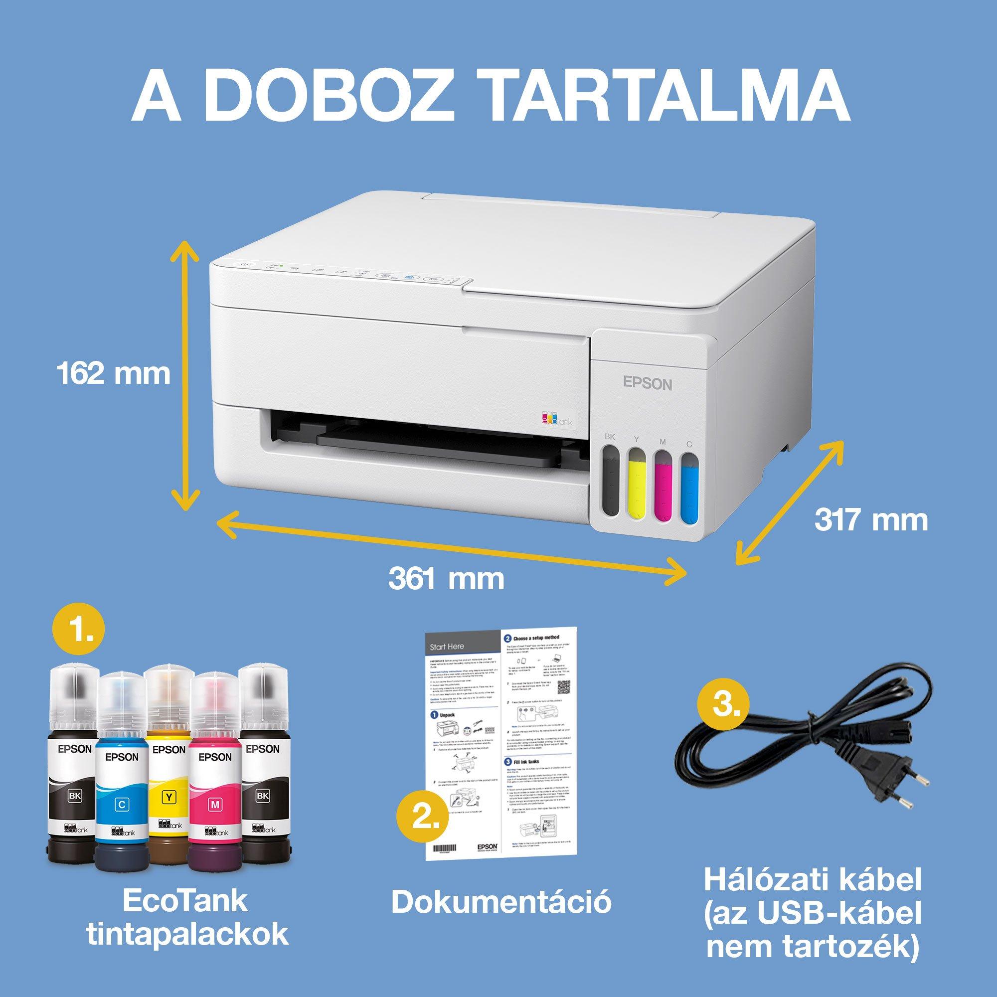 EcoTank L3356 A4-es többfunkciós, Wi-Fi-s, valamint AirPrint funkciós, tintatartályos nyomtató akár 3 évre elegendő tintával whats in the box