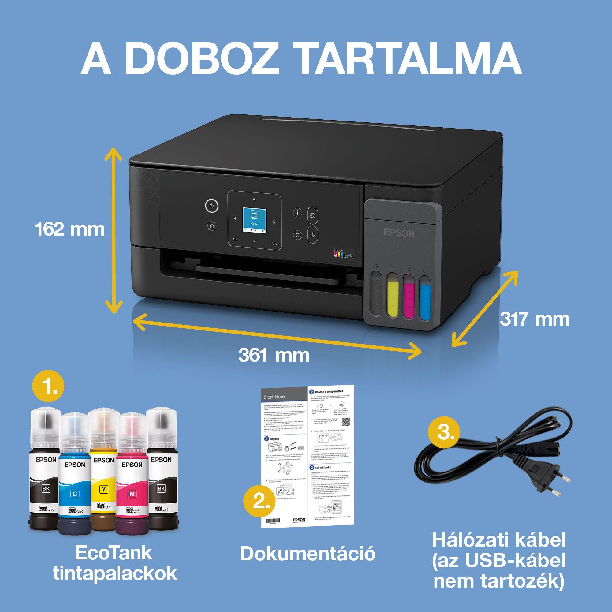 EcoTank L3360 A4-es többfunkciós, Wi-Fi-s, valamint AirPrint funkciós, tintatartályos nyomtató LCD kijelzővel és akár 3 évre elegendő tintával whats in the box