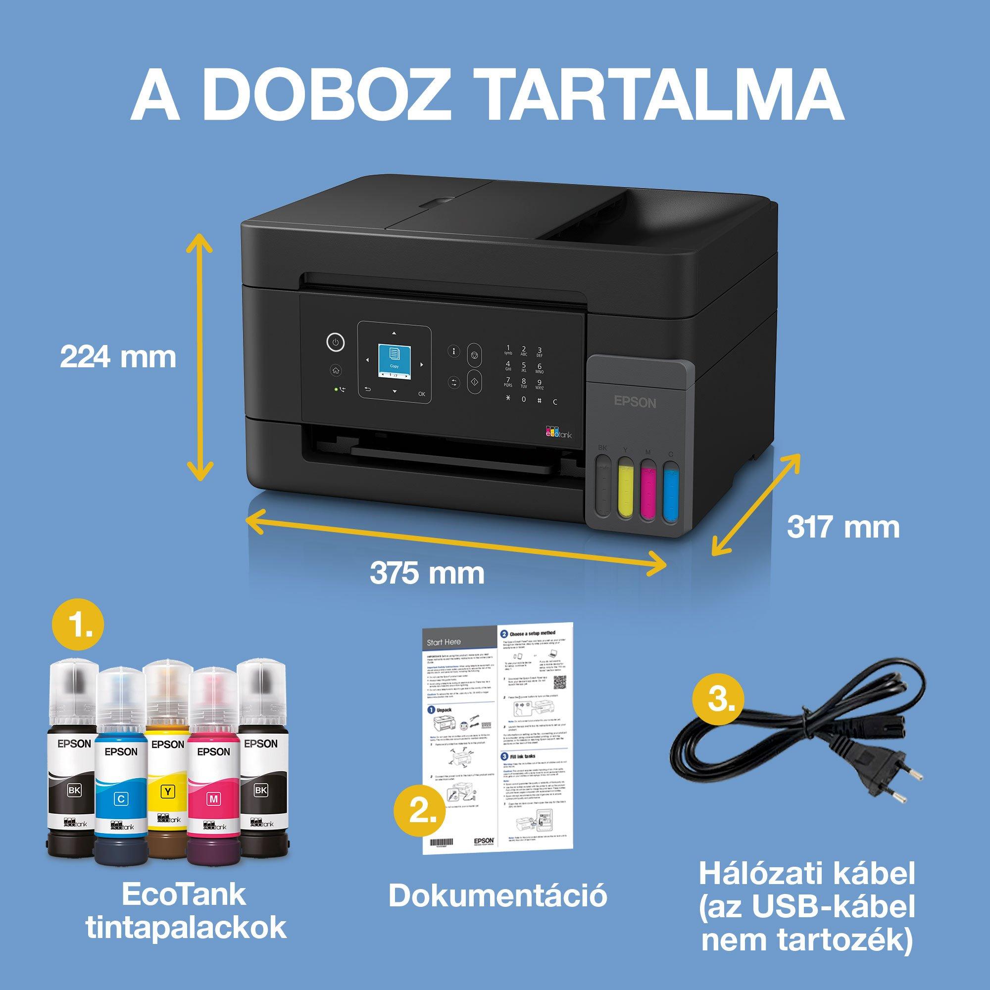 EcoTank L5390 A4-es többfunkciós, Wi-Fi-s, valamint AirPrint funkciós, tintatartályos nyomtató LCD kijelzővel, automata lapadagolóval és akár 3 évre elegendő tintával whats in the box