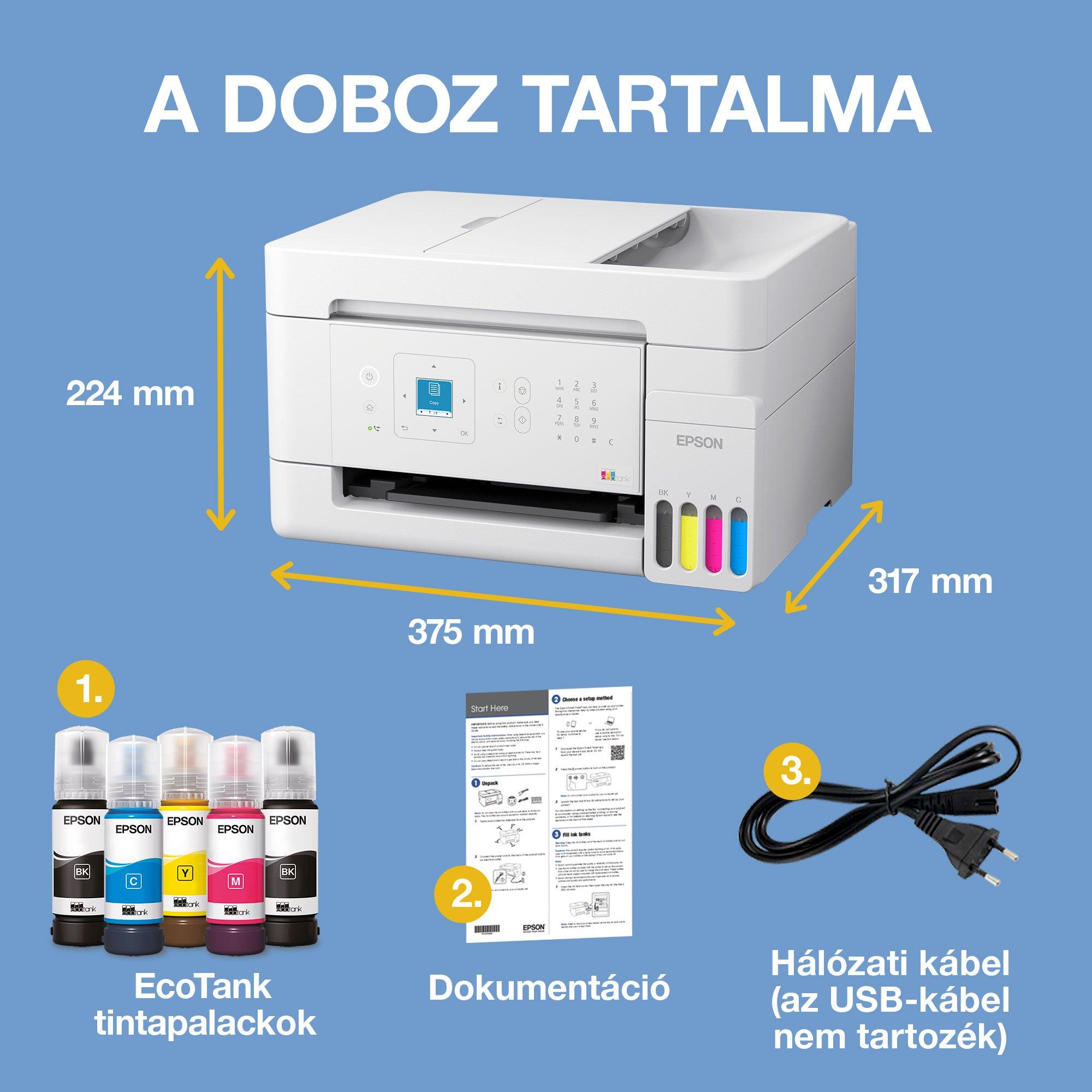 EcoTank L5396 A4-es többfunkciós, Wi-Fi-s, valamint AirPrint funkciós, tintatartályos nyomtató LCD kijelzővel, automata lapadagolóval és akár 3 évre elegendő tintával whats in the box
