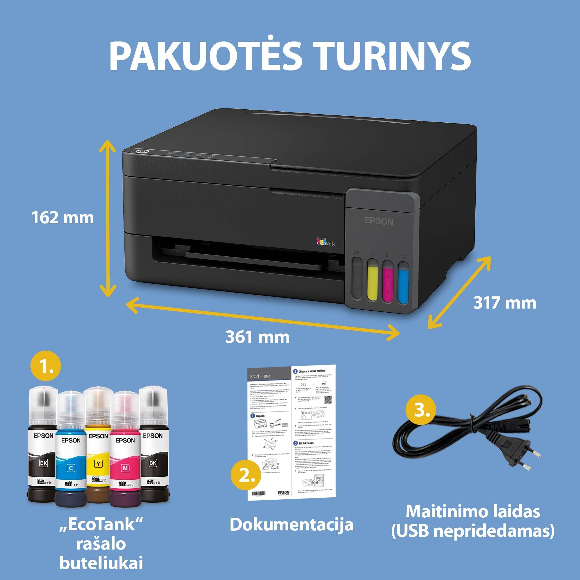 „EcoTank L3310“ daugiafunkcis A4 spausdintuvas su rašalo talpykla, kurioje rašalo yra tiek, kad pakaks iki 3 metų whats in the box