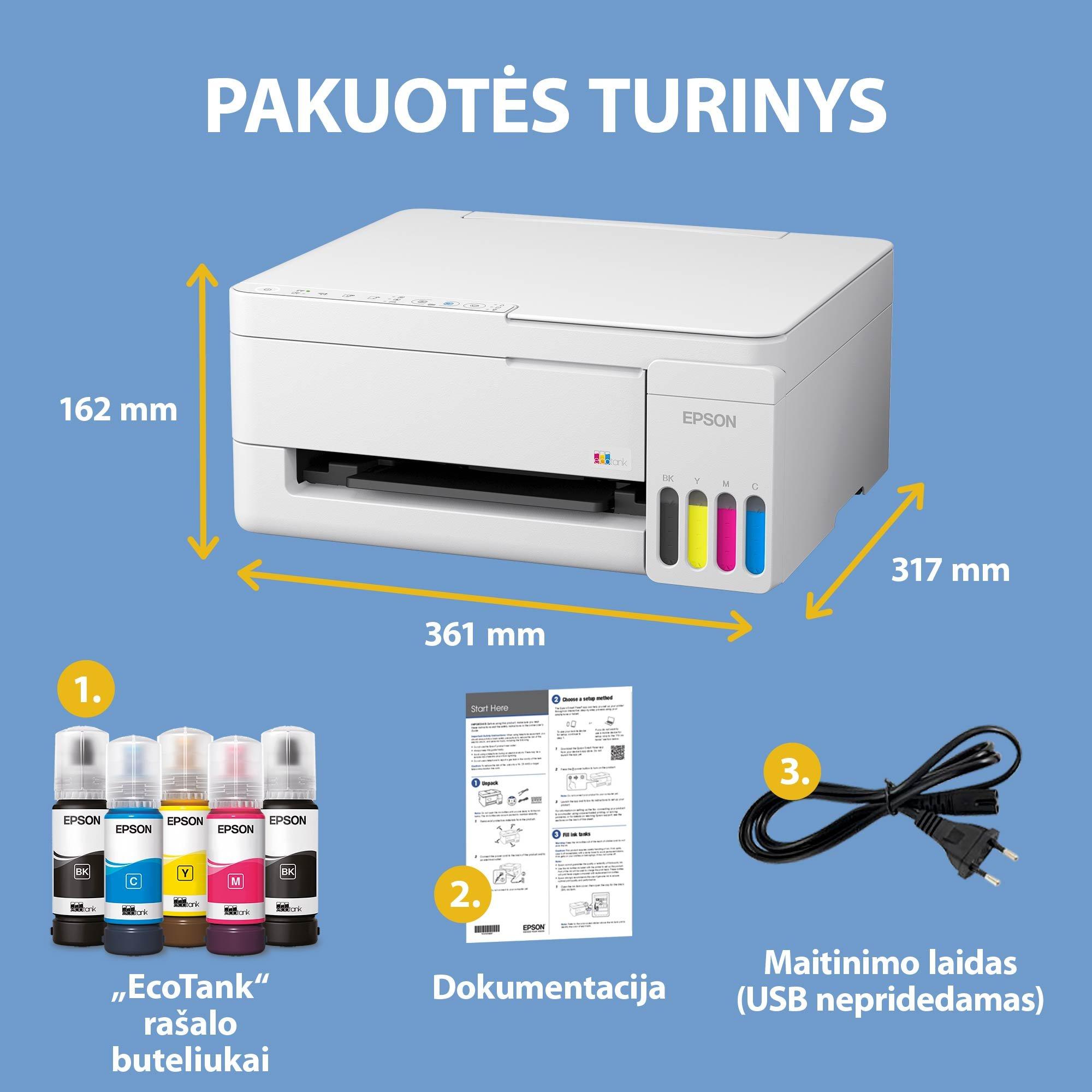 „EcoTank L3356“ daugiafunkcis A4 spausdintuvas su „Wi-Fi“, „AirPrint“ ir rašalo talpykla, kurioje rašalo yra tiek, kad pakaks iki 3 metų whats in the box