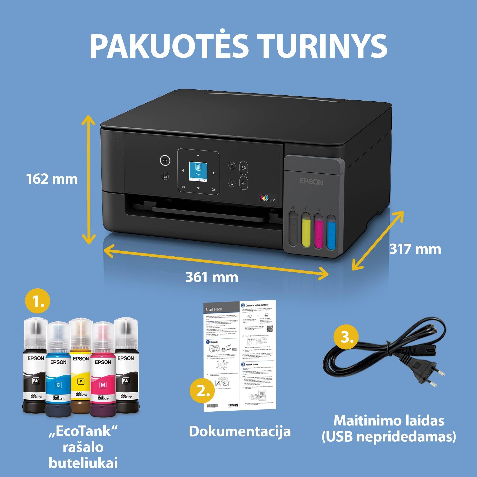 „EcoTank L3360“ daugiafunkcis A4 spausdintuvas su „Wi-Fi“, „AirPrint“, LCD ekranu ir rašalo talpykla, kurioje rašalo yra tiek, kad pakaks iki 3 metų whats in the box
