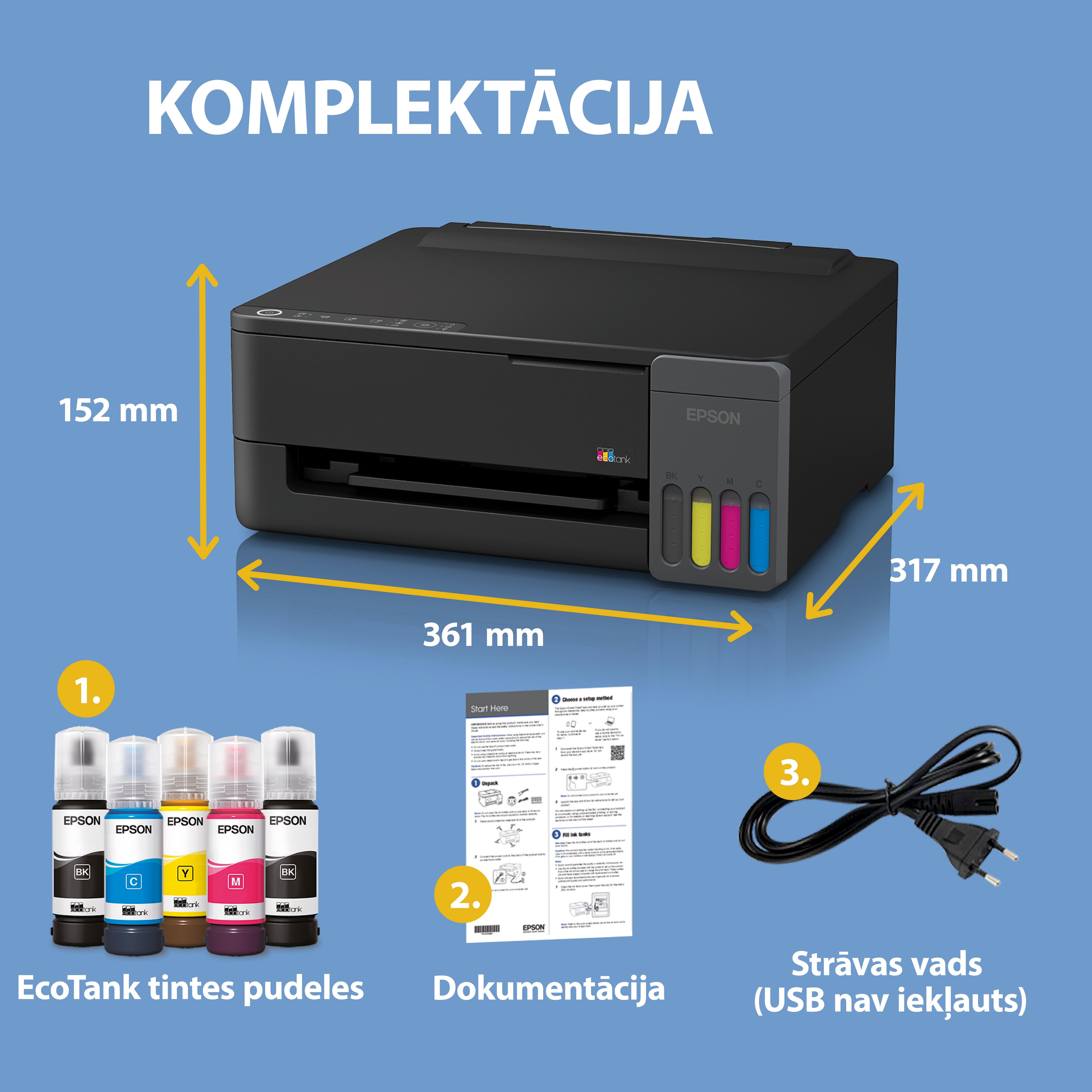 EcoTank L1350 A4 Wi-Fi un AirPrint tintes tvertnes printeris ar komplektācijā iekļautu tinti līdz pat 3 gadiem whats in the box