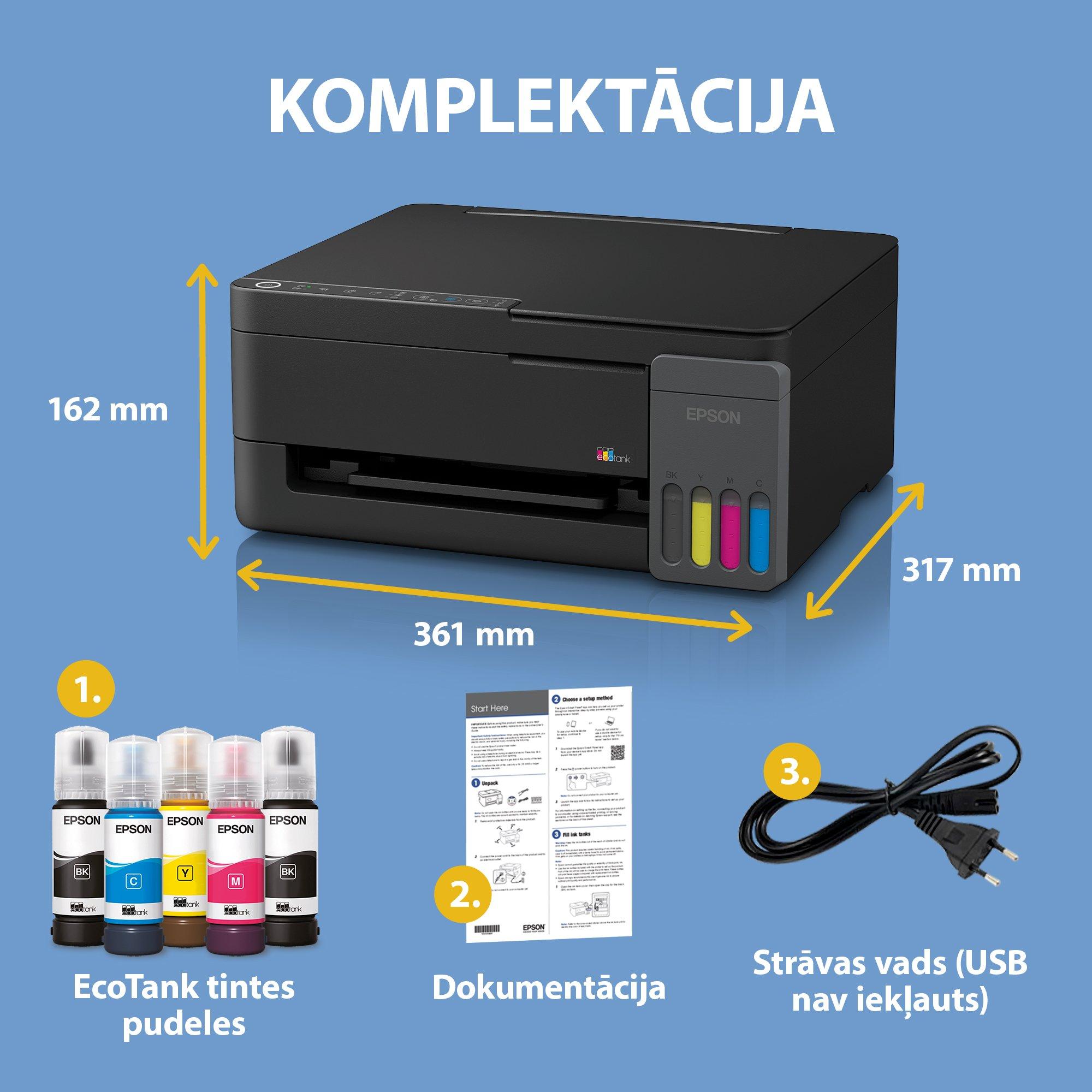 EcoTank L3350 A4 daudzfunkciju Wi-Fi un AirPrint tintes tvertnes printeris ar komplektācijā iekļautu tinti līdz pat 3 gadiem whats in the box
