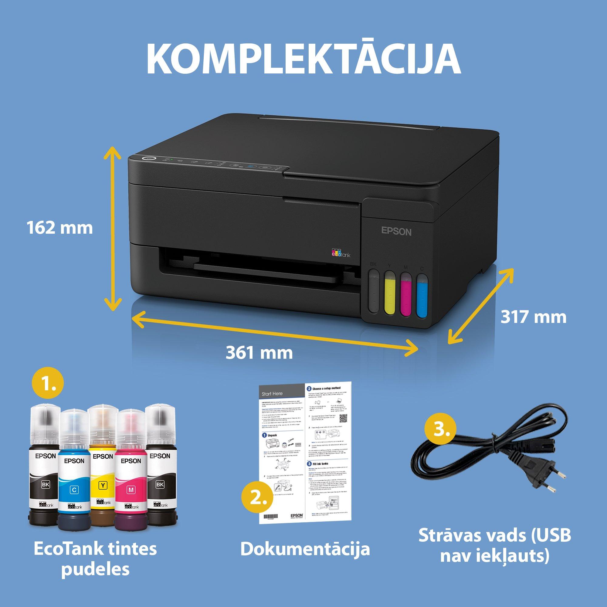 EcoTank L3351 A4 daudzfunkciju Wi-Fi un AirPrint tintes tvertnes printeris ar komplektācijā iekļautu tinti līdz pat 3 gadiem whats in the box