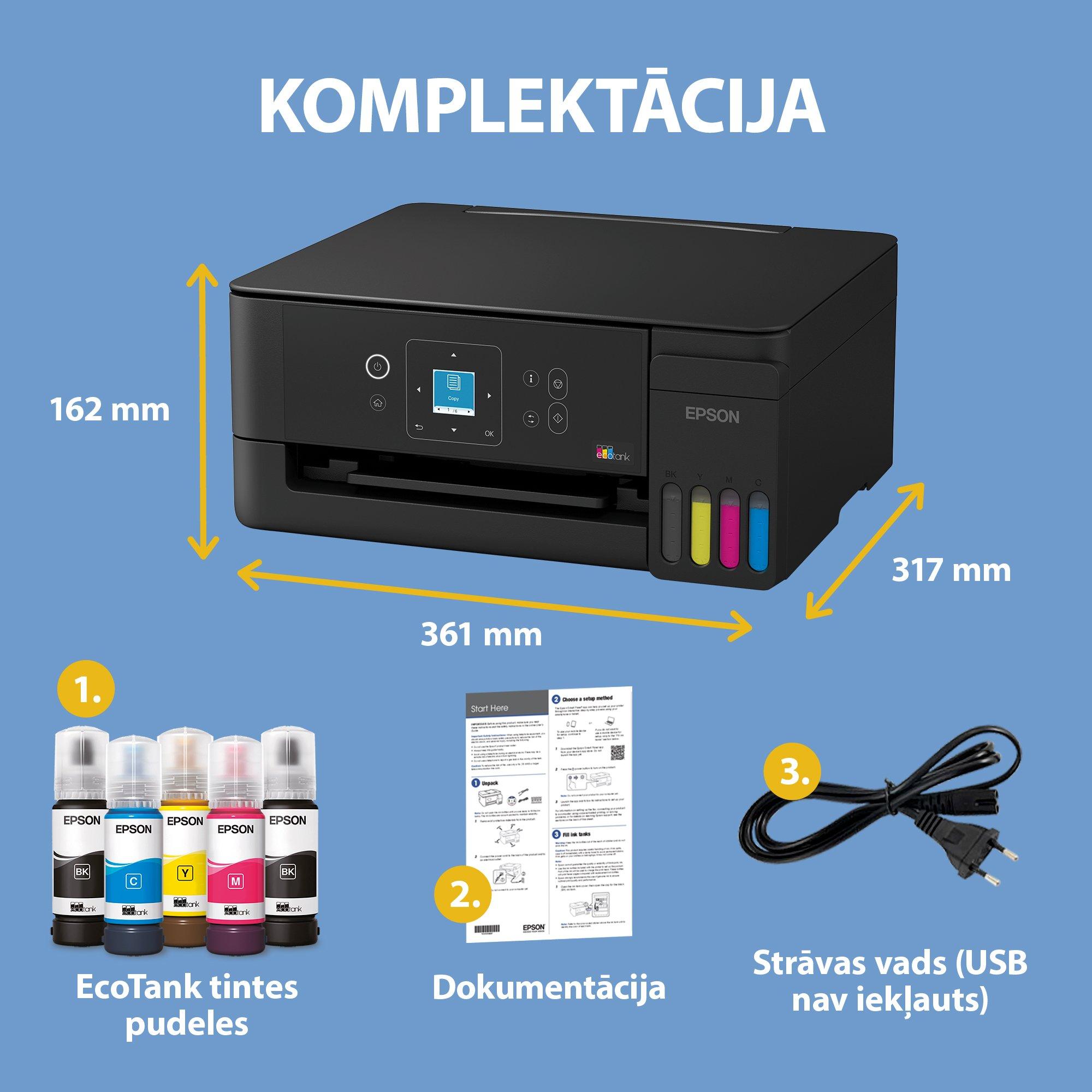 EcoTank L3360 A4 daudzfunkciju Wi-Fi un AirPrint tintes tvertnes printeris ar LCD ekrānu un komplektācijā iekļautu tinti līdz pat 3 gadiem whats in the box