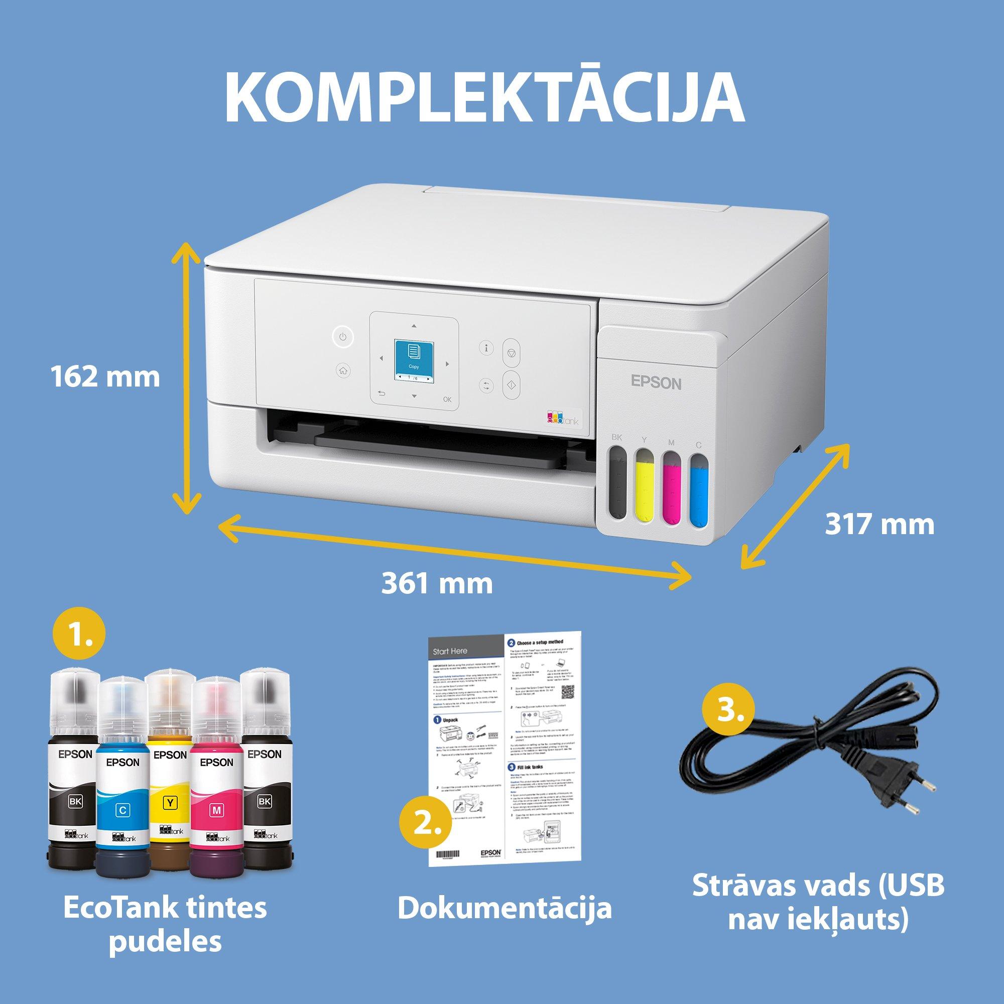 EcoTank L3366 A4 daudzfunkciju Wi-Fi un AirPrint tintes tvertnes printeris ar LCD ekrānu un komplektācijā iekļautu tinti līdz pat 3 gadiem whats in the box
