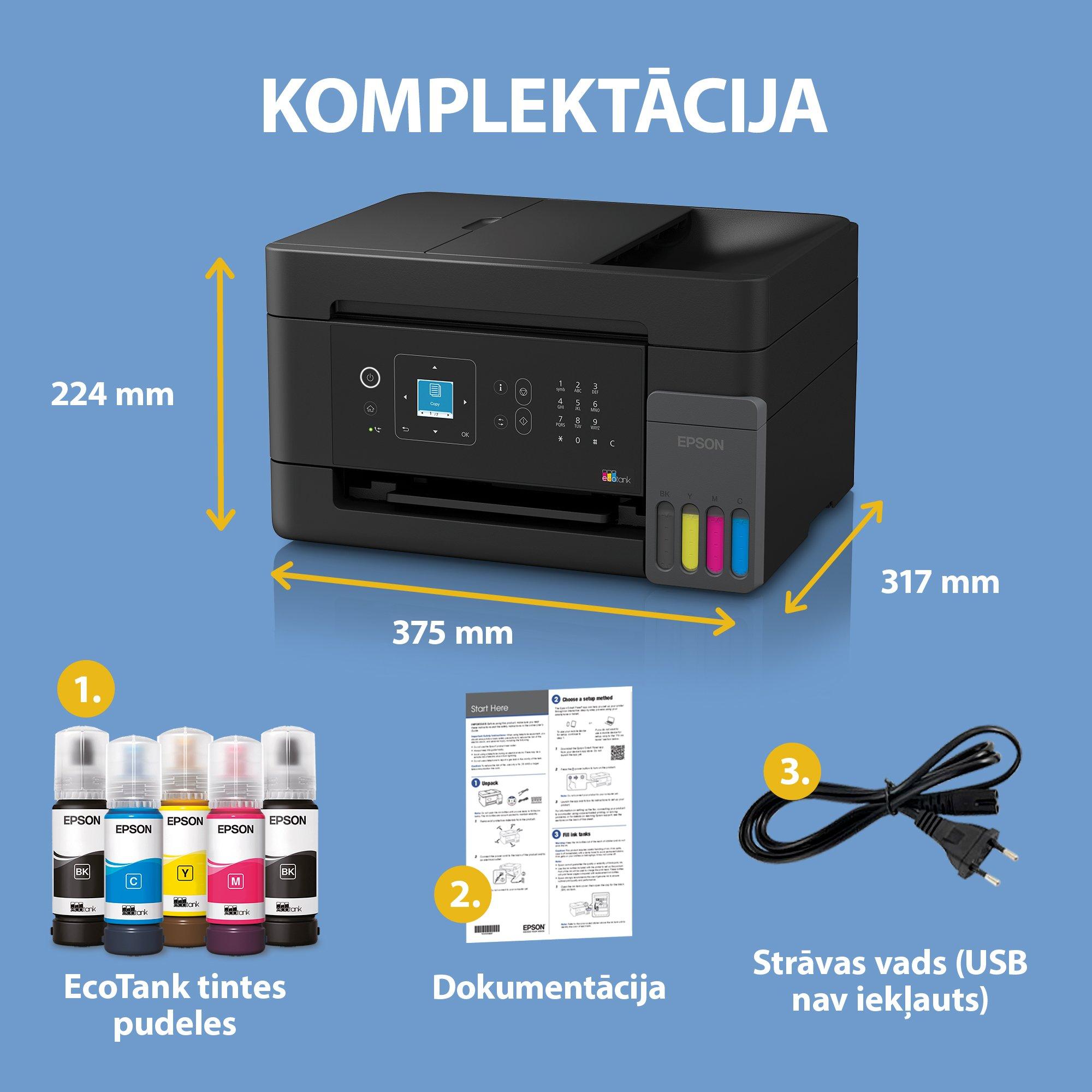 EcoTank L5390 A4 daudzfunkciju Wi-Fi un AirPrint tintes tvertnes printeris ar LCD ekrānu, ADF un komplektācijā iekļautu tinti līdz pat 3 gadiem whats in the box