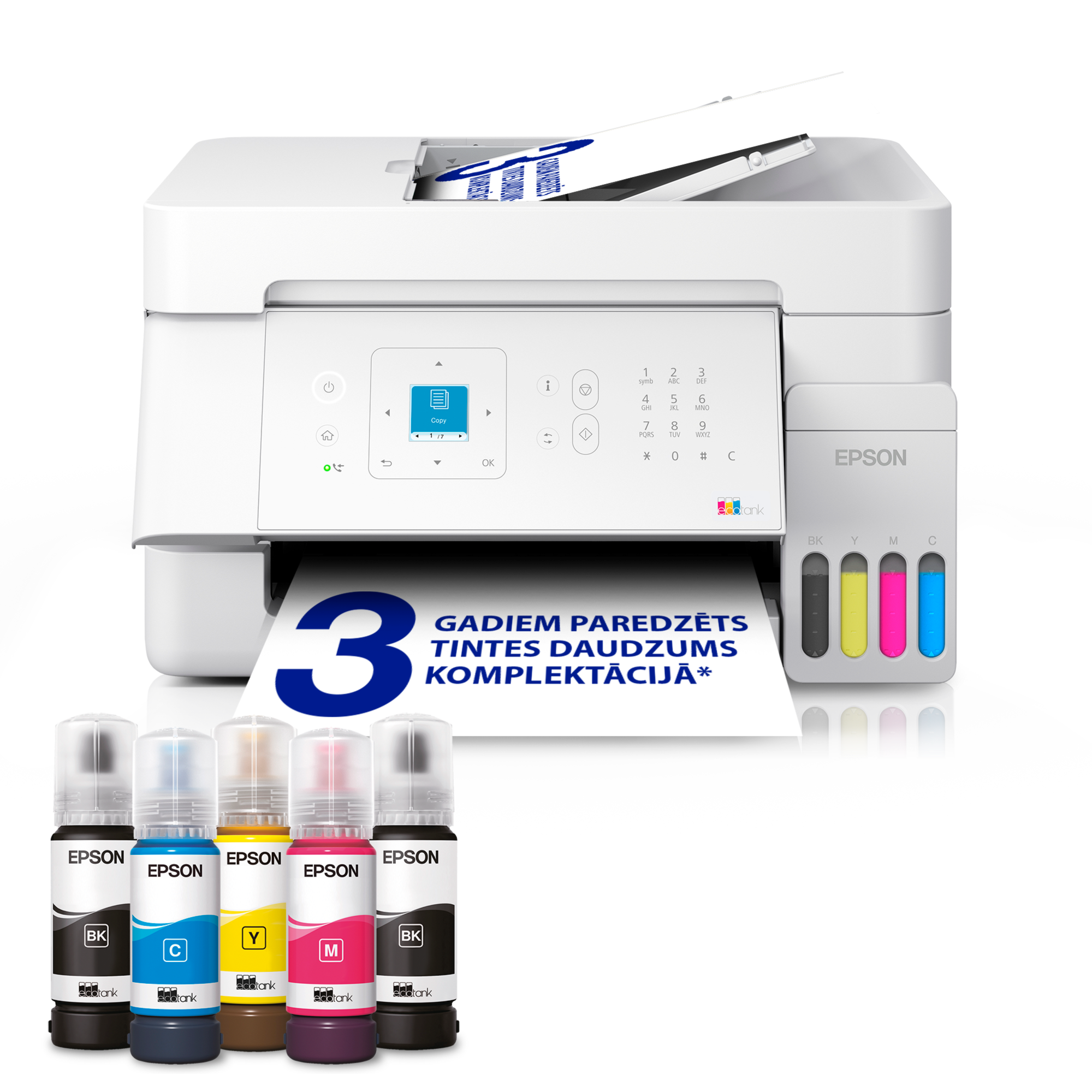 EcoTank L5396 A4 daudzfunkciju Wi-Fi un AirPrint tintes tvertnes printeris ar LCD ekrānu, ADF un komplektācijā iekļautu tinti līdz pat 3 gadiem