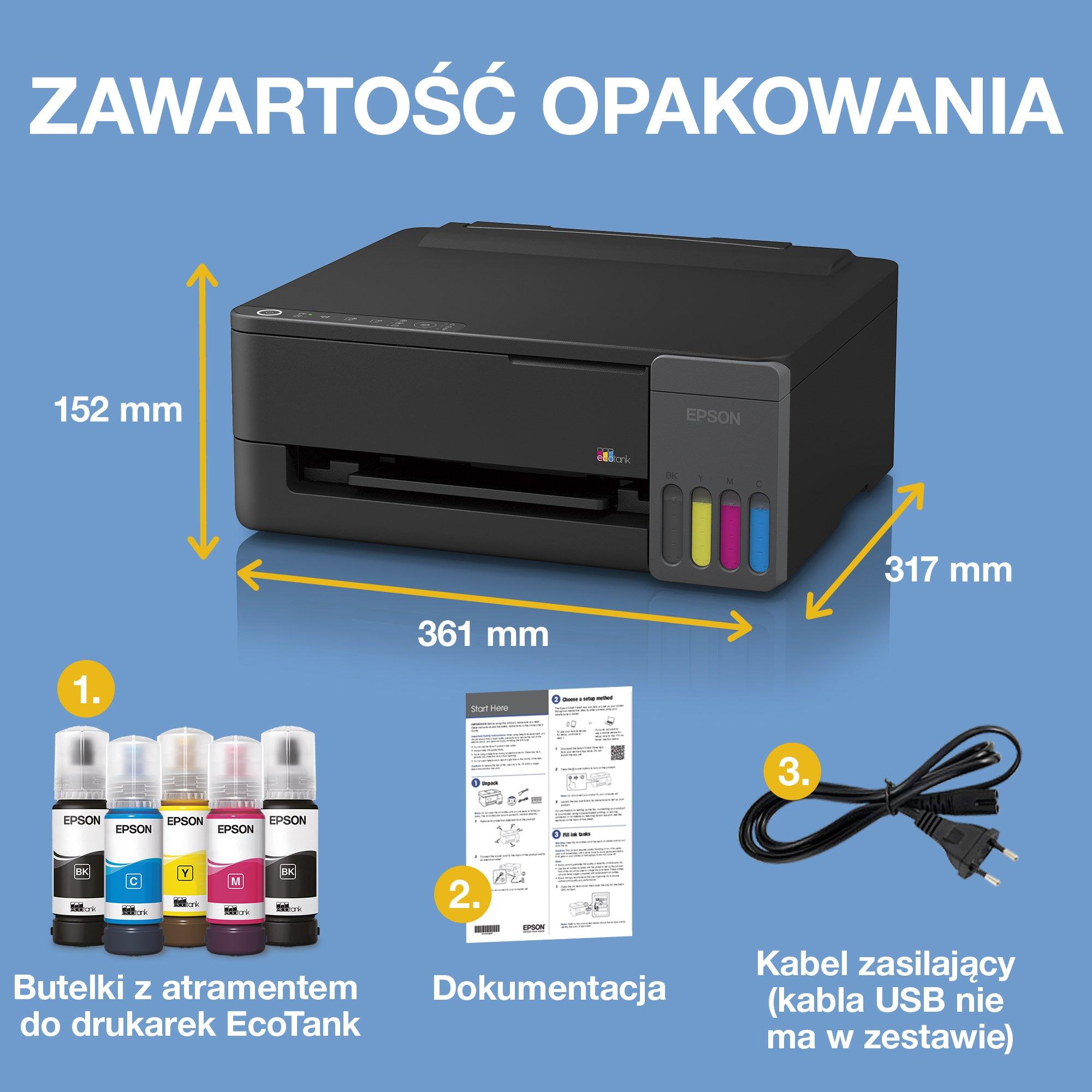 Drukarka A4 EcoTank L1350 z łącznością Wi-Fi i stałym zasilaniem w atrament, z funkcją AirPrint oraz zapasem atramentu nawet na 3 lata w zestawie whats in the box