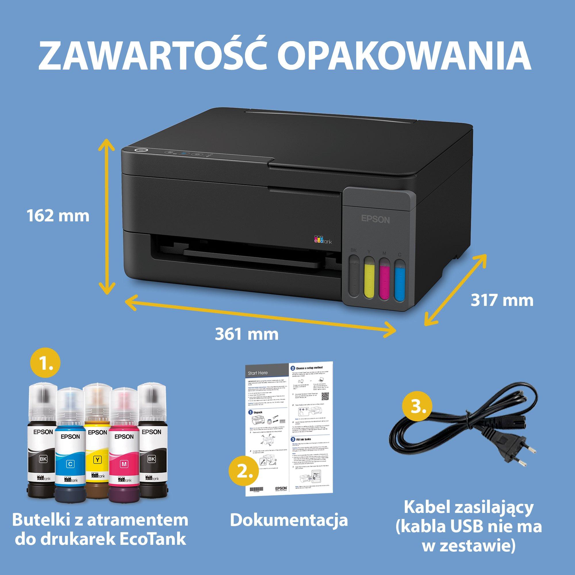 Wielofunkcyjna drukarka A4 EcoTank L3310 ze stałym zasilaniem w atrament i z zapasem atramentu nawet na 3 lata w zestawie whats in the box