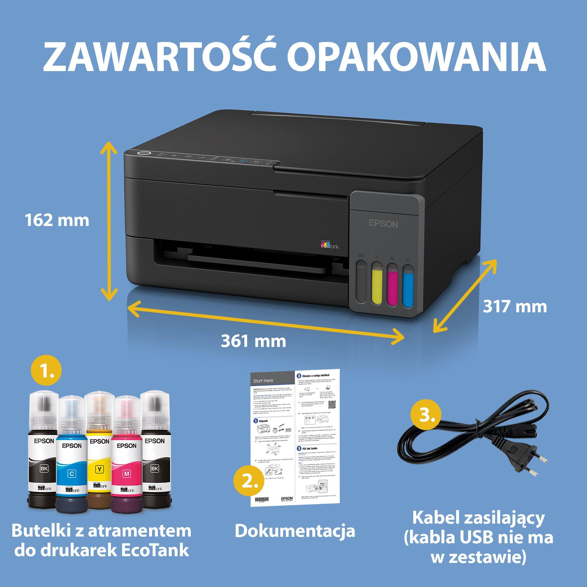Wielofunkcyjna drukarka A4 EcoTank L3350 z łącznością Wi-Fi i stałym zasilaniem w atrament, z funkcją AirPrint oraz zapasem atramentu nawet na 3 lata w zestawie whats in the box