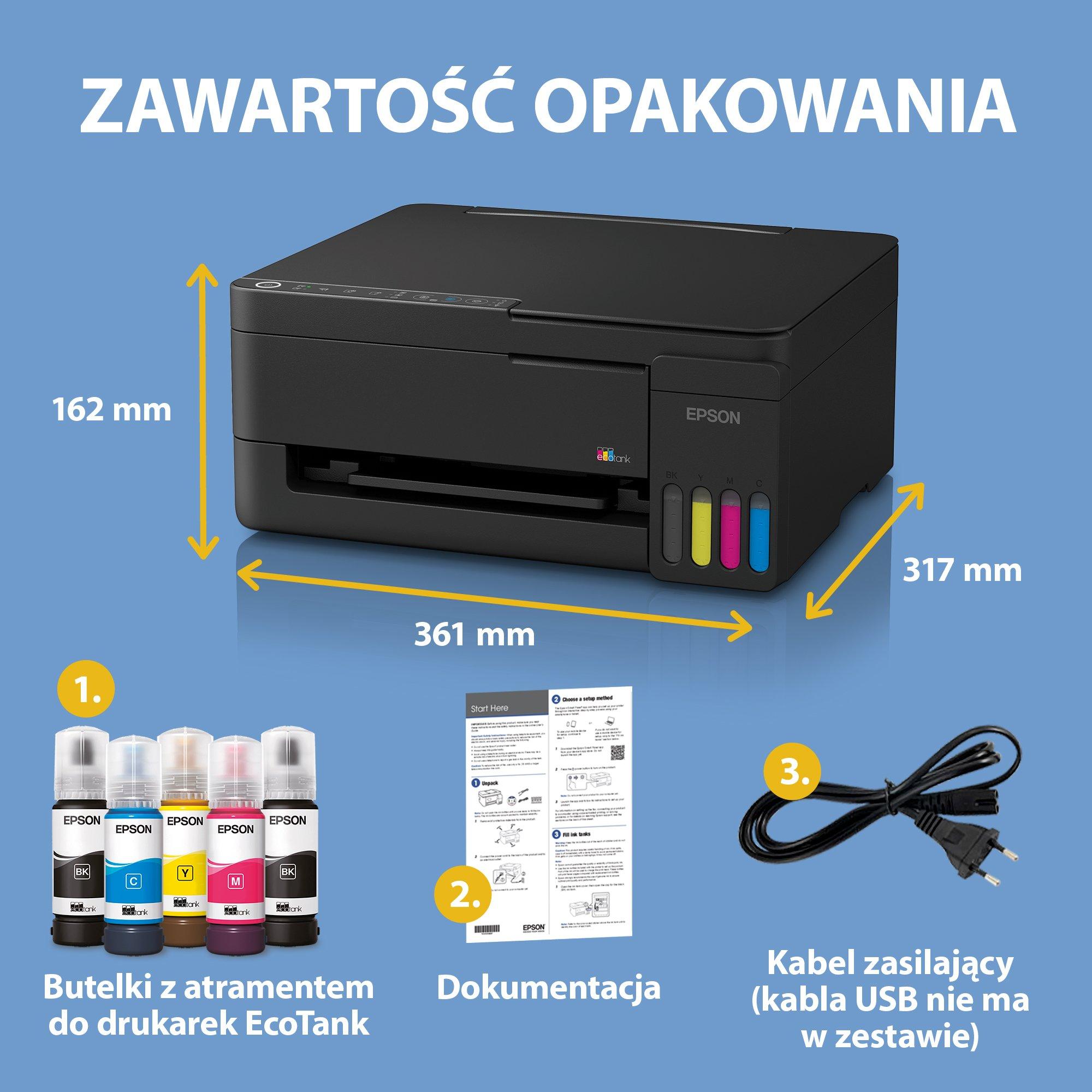 Wielofunkcyjna drukarka A4 EcoTank L3352 z łącznością Wi-Fi i stałym zasilaniem w atrament, z funkcją AirPrint oraz zapasem atramentu nawet na 3 lata w zestawie whats in the box