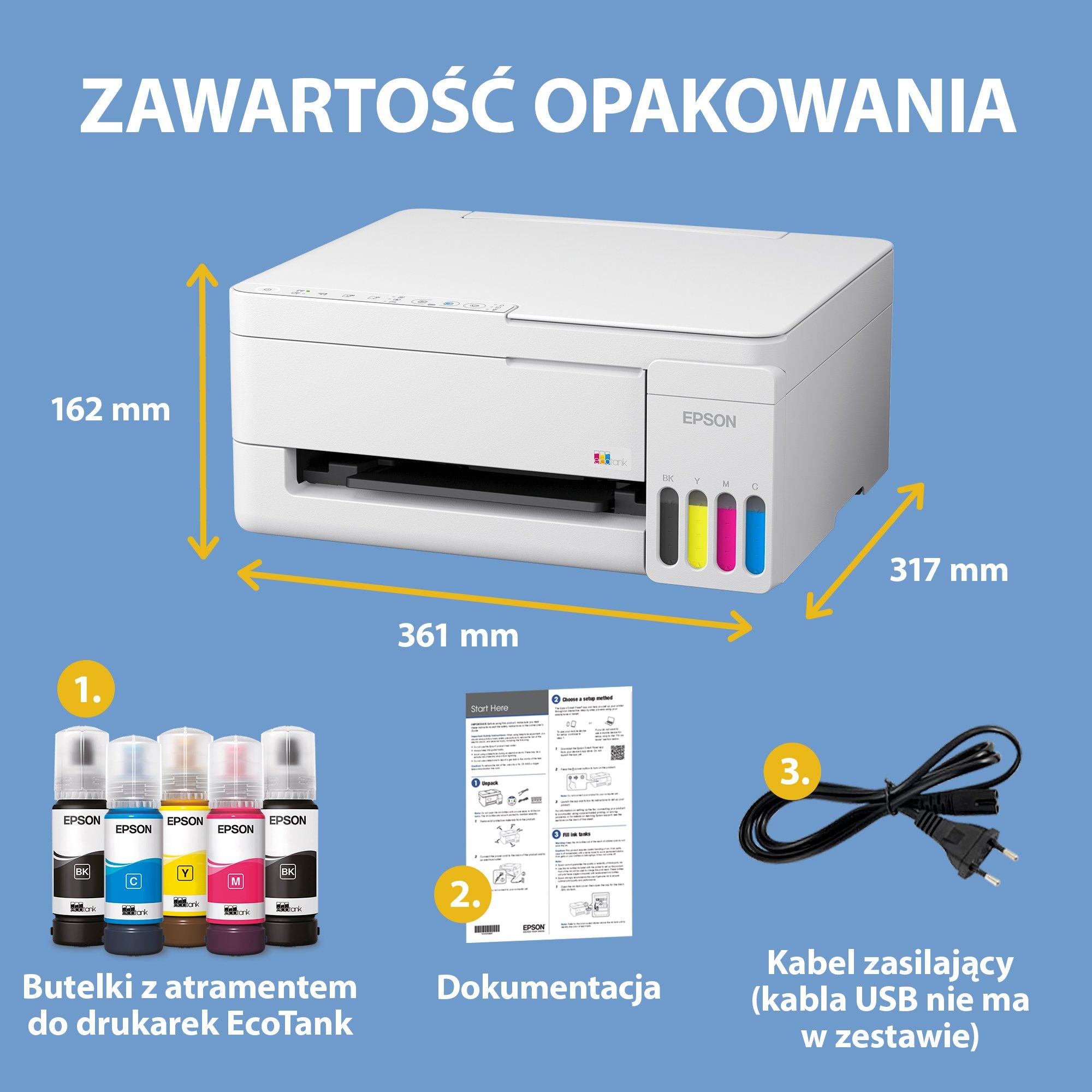 Wielofunkcyjna drukarka A4 EcoTank L3356 z łącznością Wi-Fi i stałym zasilaniem w atrament, z funkcją AirPrint oraz zapasem atramentu nawet na 3 lata w zestawie whats in the box