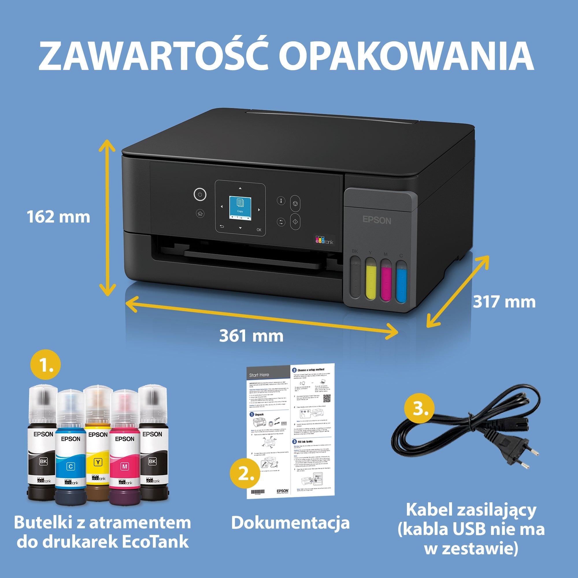Wielofunkcyjna drukarka A4 EcoTank L3360 z łącznością Wi-Fi i stałym zasilaniem w atrament, z funkcją AirPrint, wyświetlaczem LCD oraz zapasem atramentu nawet na 3 lata w zestawie whats in the box
