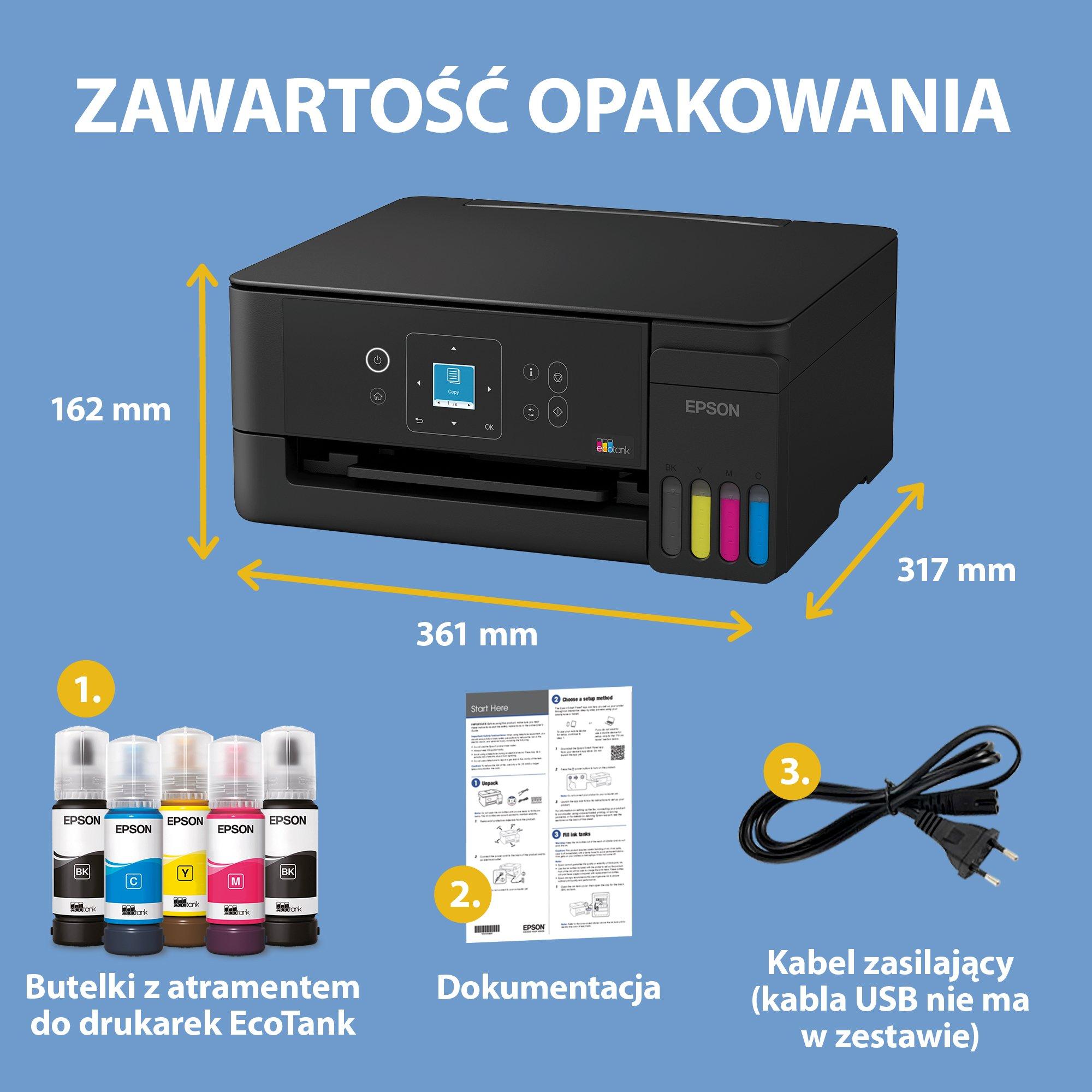 Wielofunkcyjna drukarka A4 EcoTank L3362 z łącznością Wi-Fi i stałym zasilaniem w atrament, z funkcją AirPrint, wyświetlaczem LCD oraz zapasem atramentu nawet na 3 lata w zestawie whats in the box