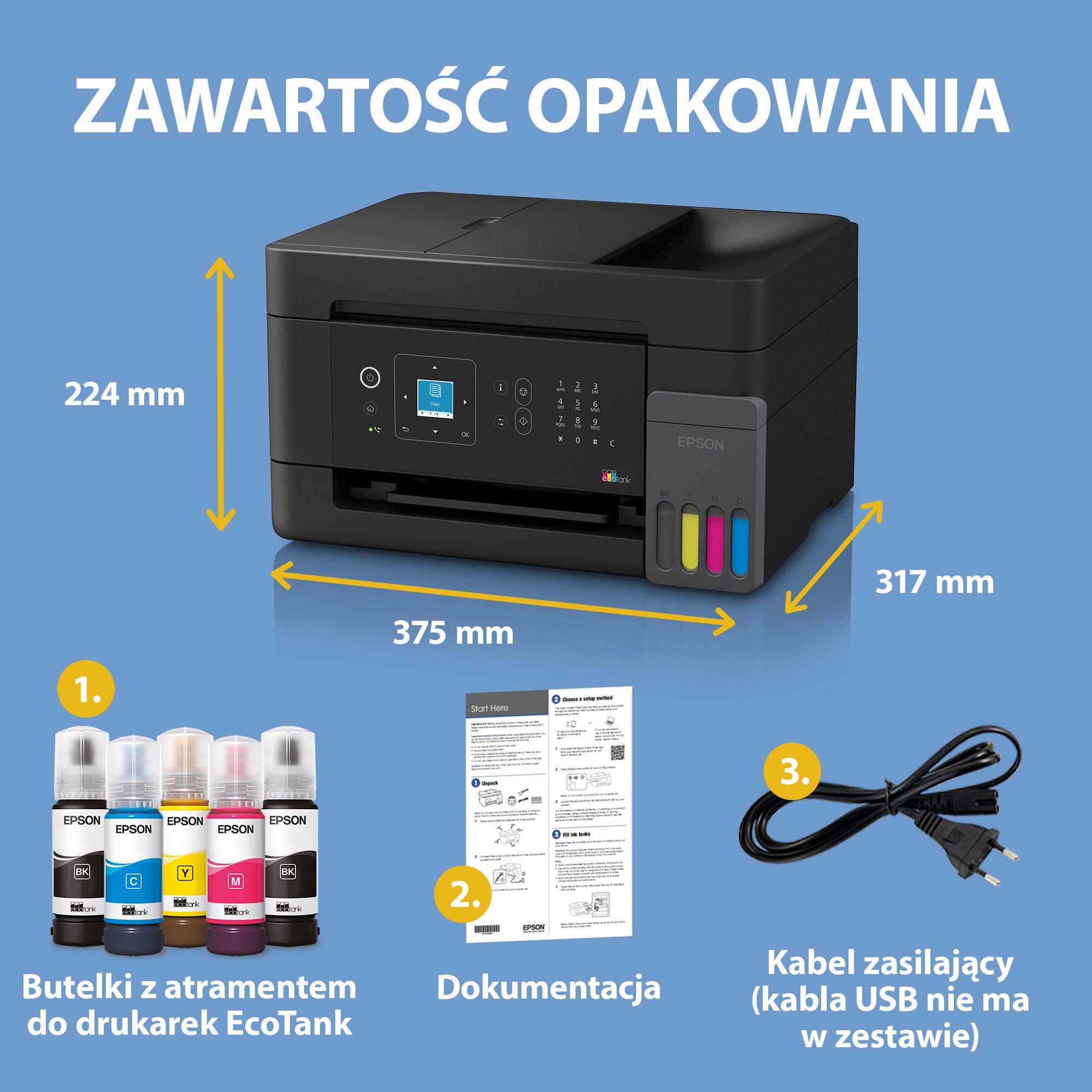 Wielofunkcyjna drukarka A4 EcoTank L5390 z Wi-Fi, stałym zasilaniem w atrament, funkcją AirPrint, wyświetlaczem LCD, automatycznym podajnikiem dokumentów, zapasem atramentu nawet na 3 lata w zestawie whats in the box