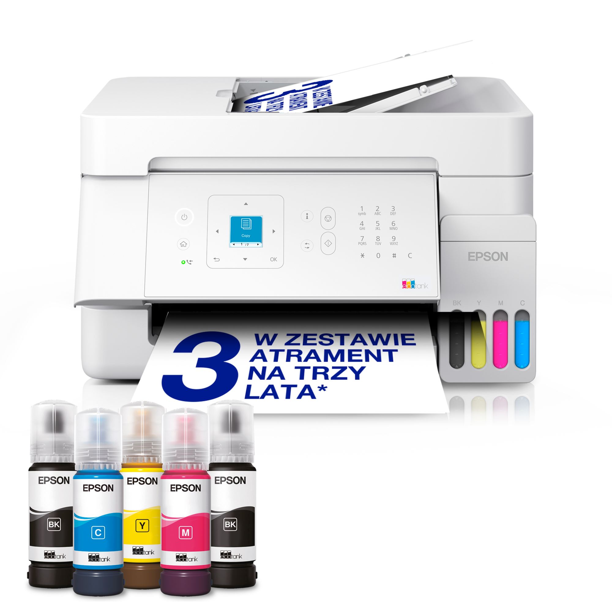 Wielofunkcyjna drukarka A4 EcoTank L5396 z Wi-Fi, stałym zasilaniem w atrament, funkcją AirPrint, wyświetlaczem LCD, automatycznym podajnikiem dokumentów, zapasem atramentu nawet na 3 lata w zestawie