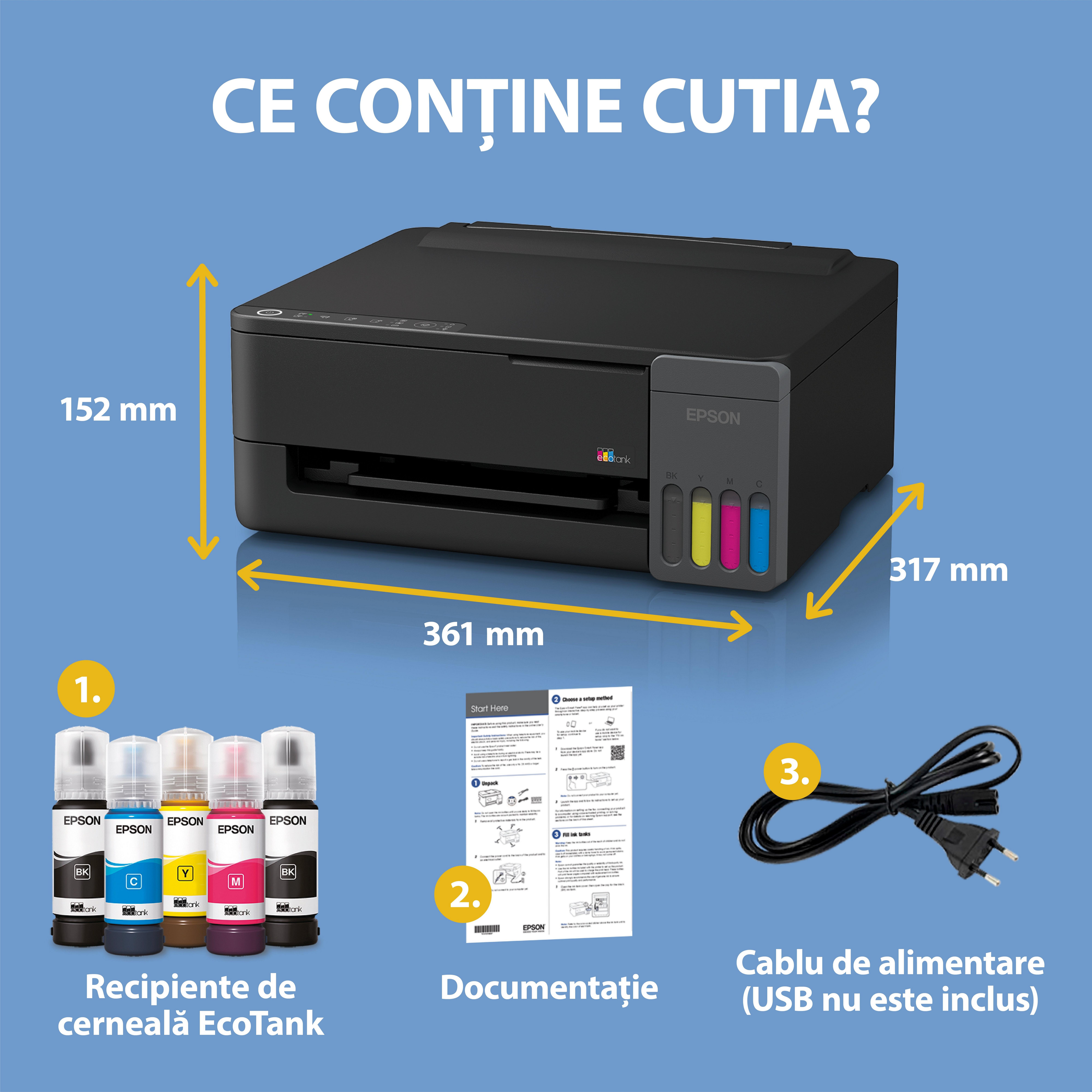 EcoTank L1350 - Imprimantă A4 cu rezervor de cerneală, Wi-Fi, AirPrint și cerneală pentru utilizare timp de până la 3 ani inclusă în cutie whats in the box