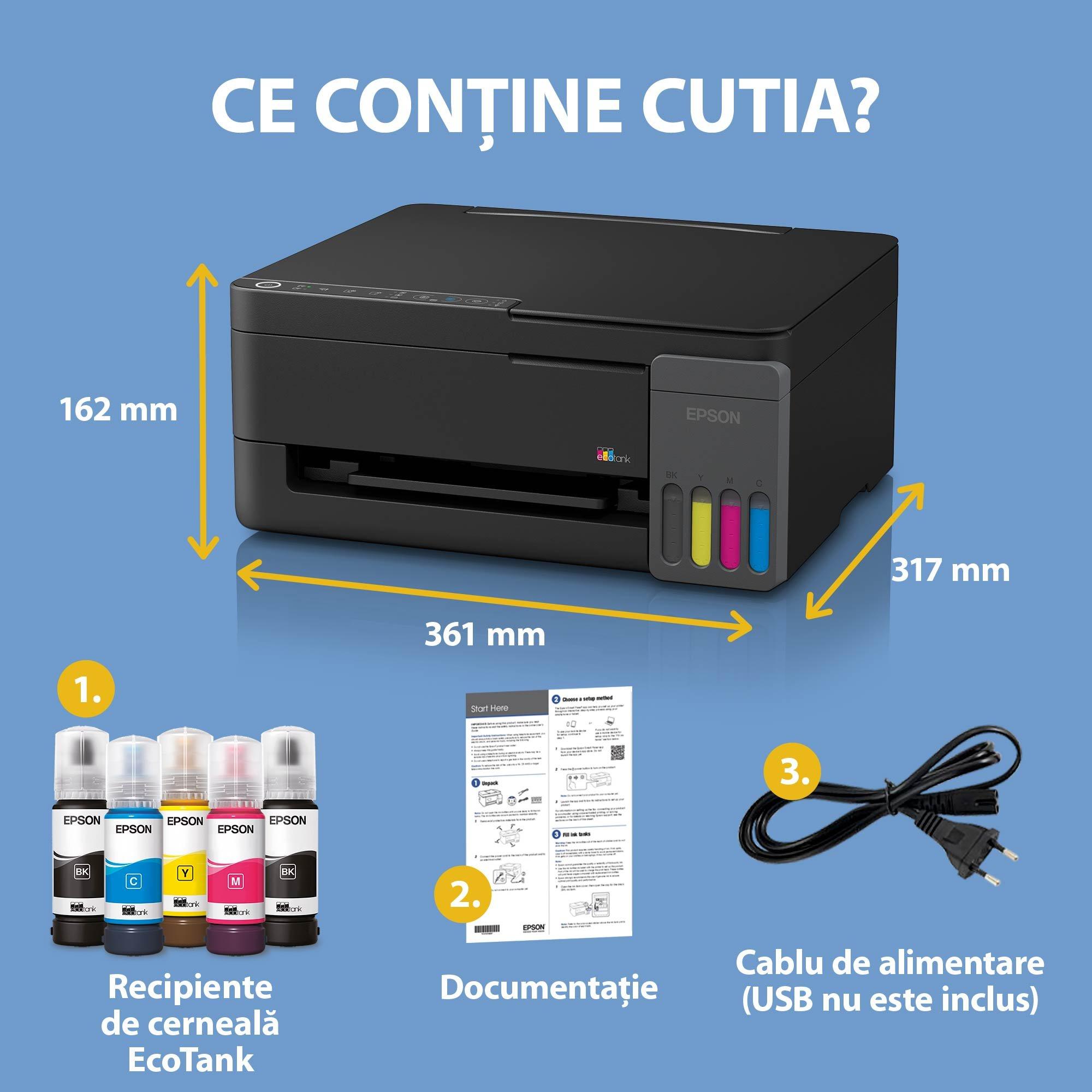 EcoTank L3350 - Multifuncțional A4 cu rezervor de cerneală, Wi-Fi, AirPrint și cu cerneală pentru utilizare timp de până la 3 ani inclusă în cutie whats in the box