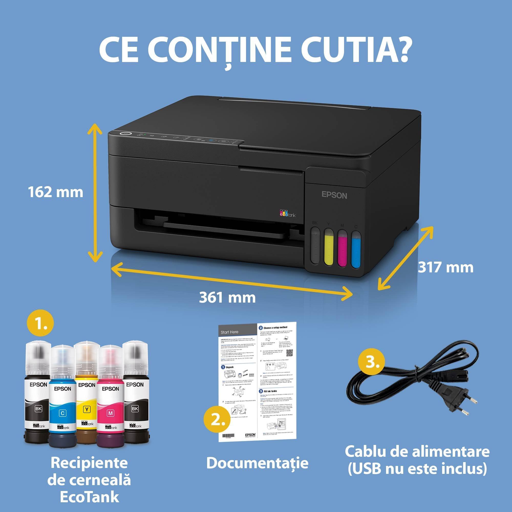 EcoTank L3351 - Multifuncțional A4 cu rezervor de cerneală, Wi-Fi, AirPrint și cu cerneală pentru utilizare timp de până la 3 ani inclusă în cutie whats in the box