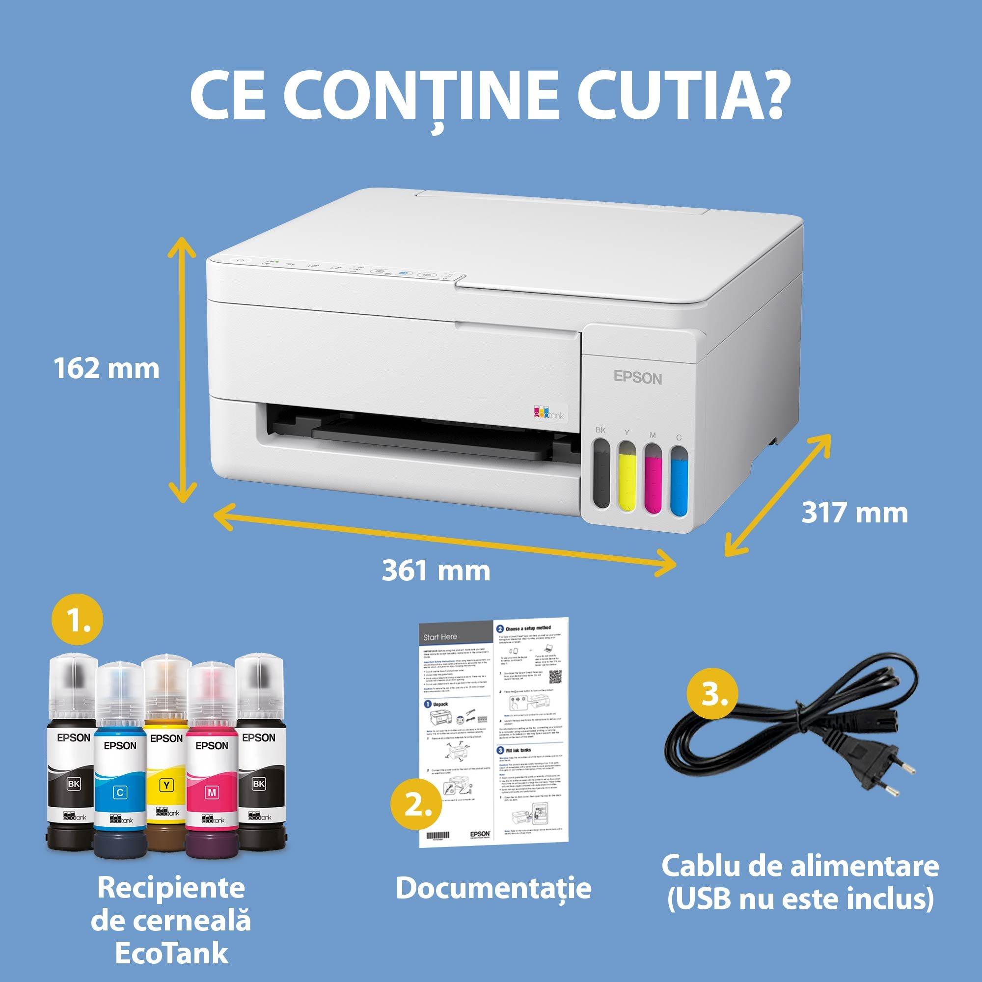 EcoTank L3356 - Multifuncțional A4 cu rezervor de cerneală, Wi-Fi, AirPrint și cu cerneală pentru utilizare timp de până la 3 ani inclusă în cutie whats in the box
